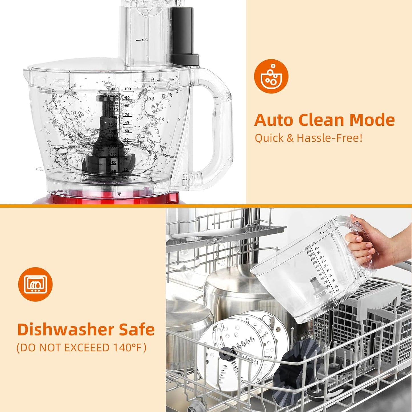 Homtone 16 Cup Food Processor, 6 Preset Modes& Stepless Speed Control for Dough Kneading, Meat Chopping, Slicing, Shredding, French Fries Potato Cuting, Cheese Grating& Whipping Cream, 650W, Red