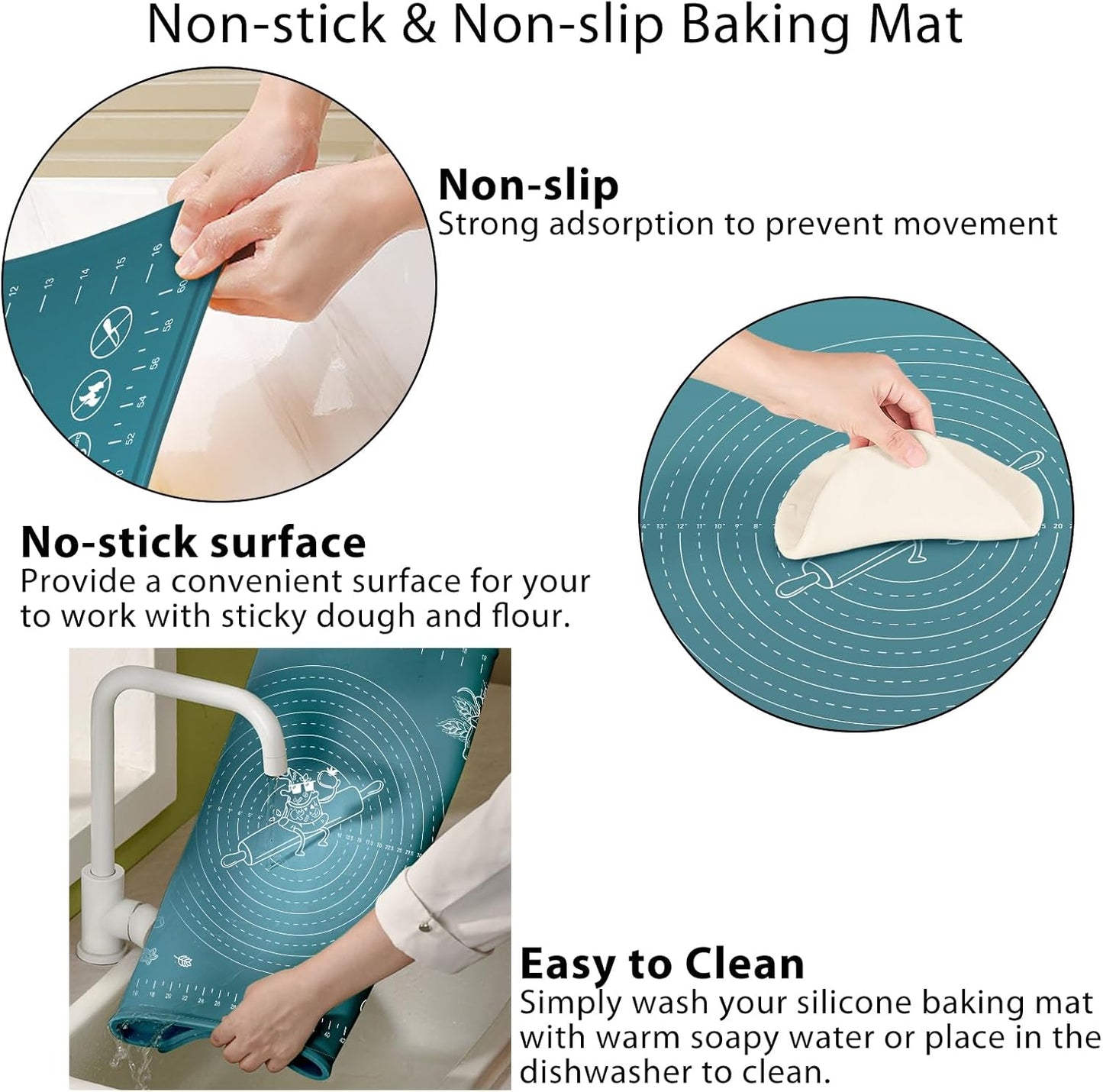 Silicone Pastry Mat 24" x 16" Extra Thick Non Stick Baking Mat with Measurements and Edge Heightening, Food Grade Silicone Rolling Mat for Pastry, Bread, Cookies, Pizza, Fondant, Pasta