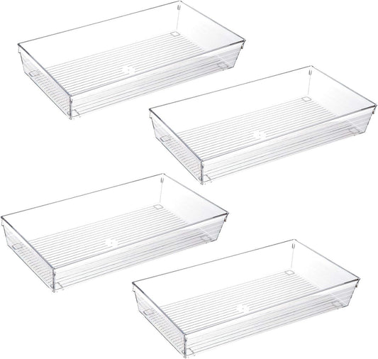 4 Pack 12"x 6" Large Size Clear Plastic Desk Drawer Organizer Tray Bathroom Office Kitchen Utensils Silverware Gadgets Dividers Desk Drawer Storage Bins Container for Dresser Cosmetic Makeup