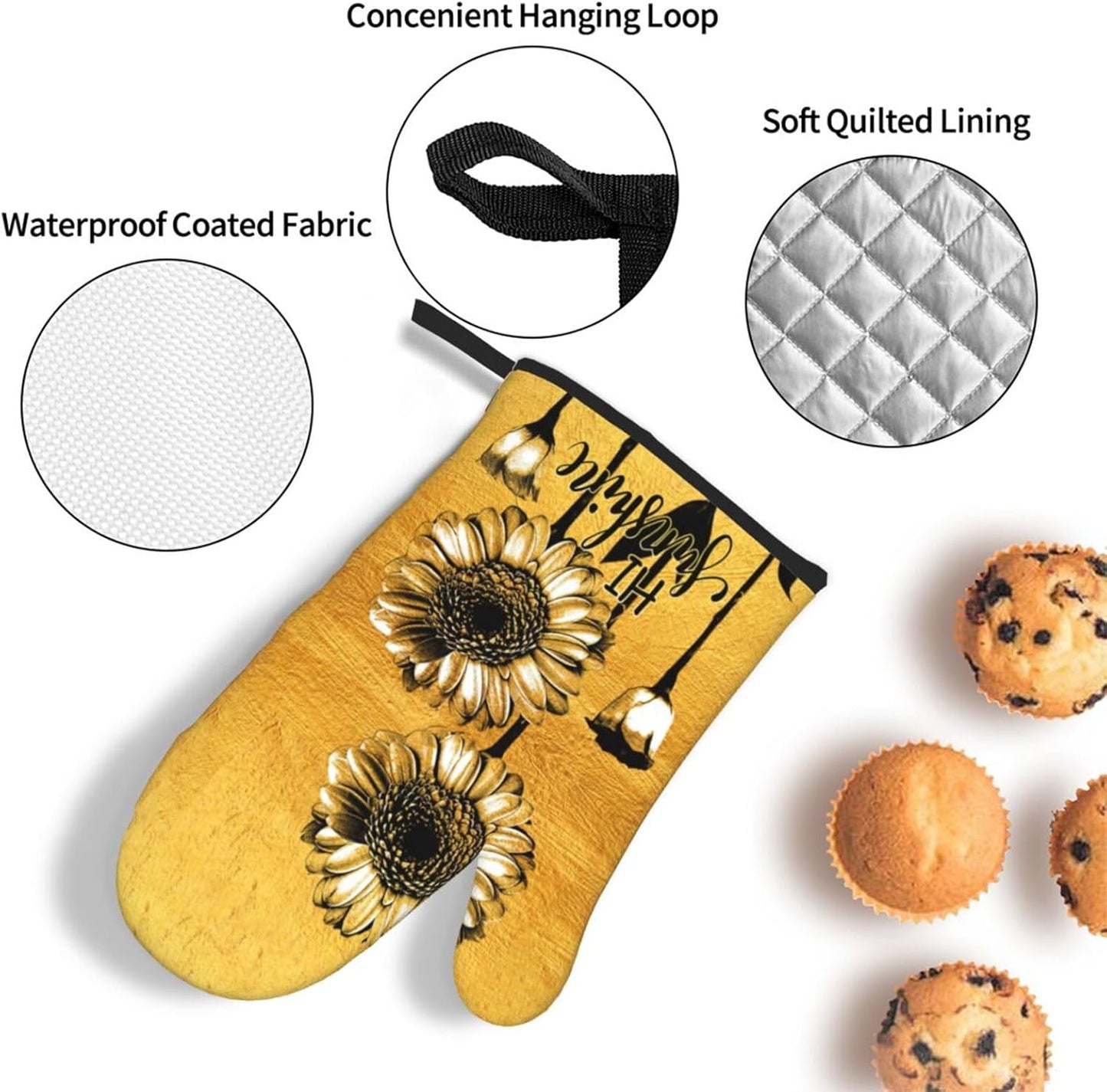 Sunflower Oven Mitts and Pot Holders Sets, Heat Resistant Gold Kitchen Oven Glove for Kitchen BBQ Baking Grilling Cooking, Sunflower Gifts for Women Cooks Bakers Cooking Lover