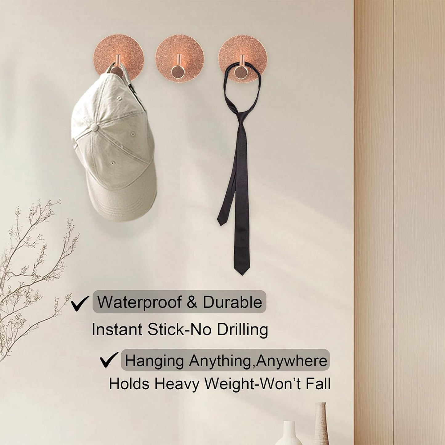 Aluminum Wall Hooks, No Drill Damage-Free Adhesive Hook, Product for Hanging Heavy Duty for Bathroom Kitchen Home (Single Round Rose Gold Hook, 4)