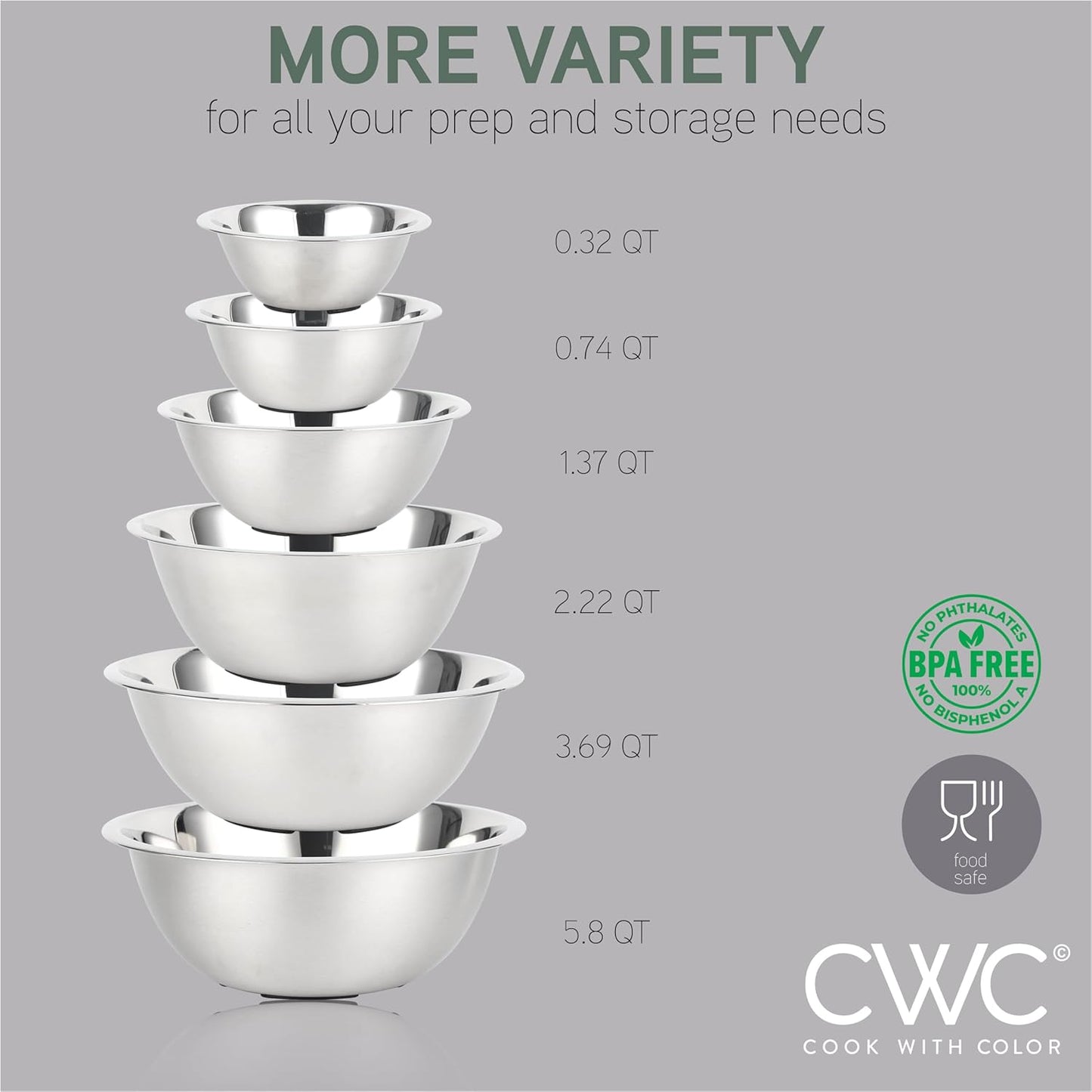 COOK WITH COLOR Stainless Steel Mixing Bowls Set - Nesting Bowls, 6 Pieces, Silver with Non Slip Bottom