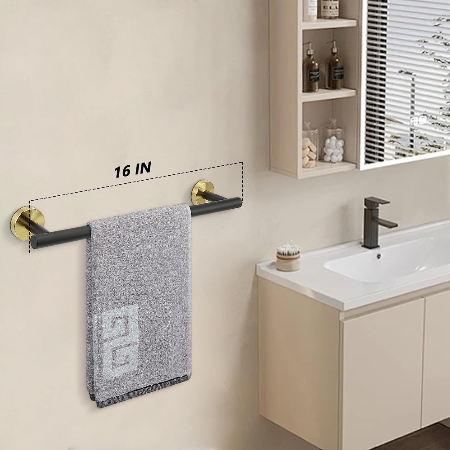NearMoon Bath Towel Bar, Bath Accessories Thicken Stainless Steel Shower Towel Rack for Bathroom, Towel Holder Wall Mounted (1 Pack, Matte Black & Gold, 16 Inch)