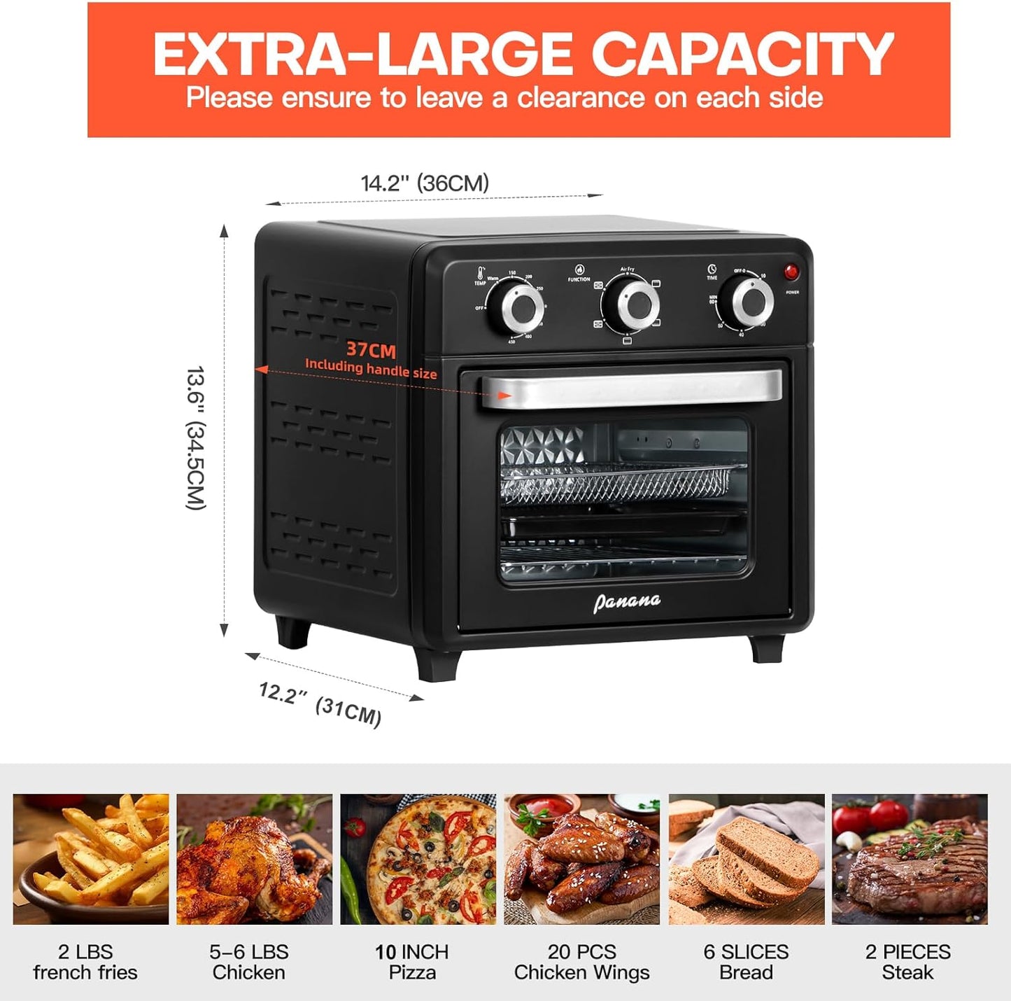 Panana Air Fryer + Convection Toaster Oven, 6-in-1 Air Fryer Toaster Oven Combo 1400W, 21QT Airfryer Convection Oven Countertop, Bake, Roast, Reheat, Broil, Dehydrate, (Black)