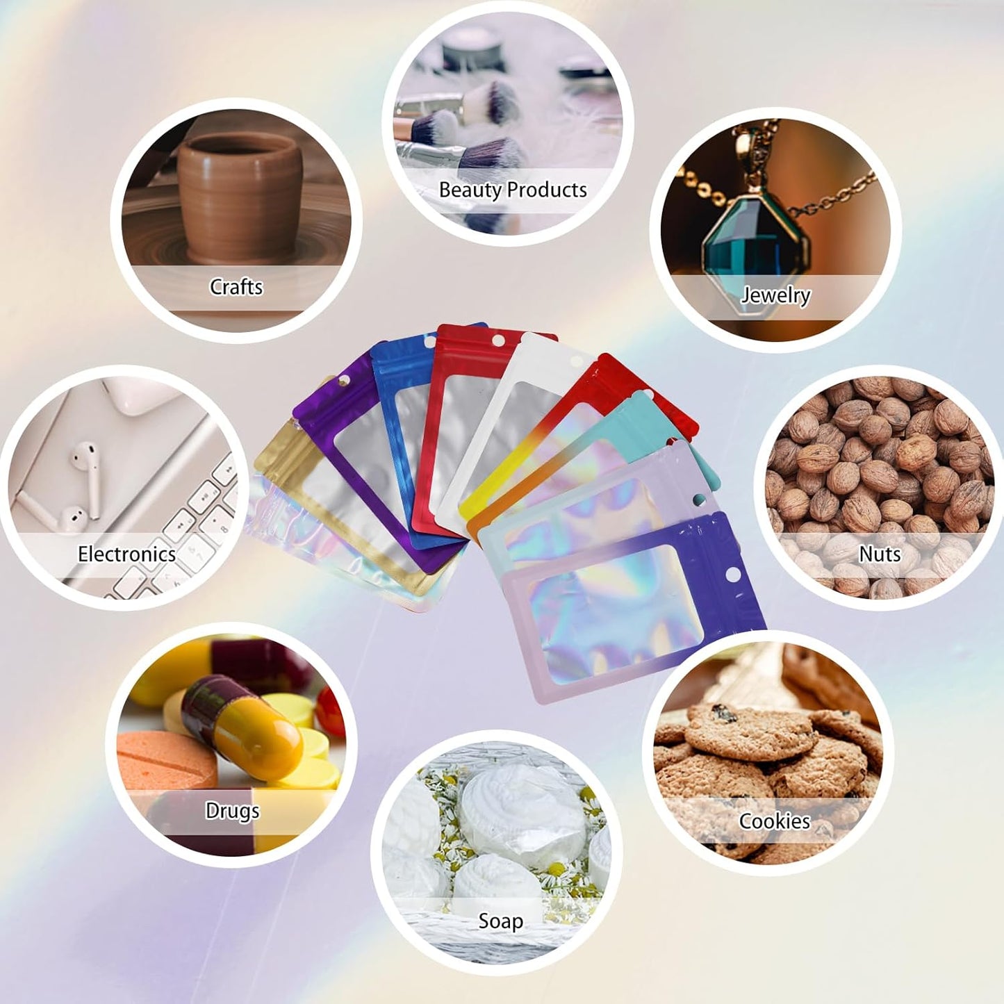 200 Pack Resealable Mylar Holographic Bags Food Storage Smell Proof Bags with Front Window Foil Packaging Pouch for Candy Sample Jewelry Small Business 2.95×4.72 Inch, Red Fade Yellow