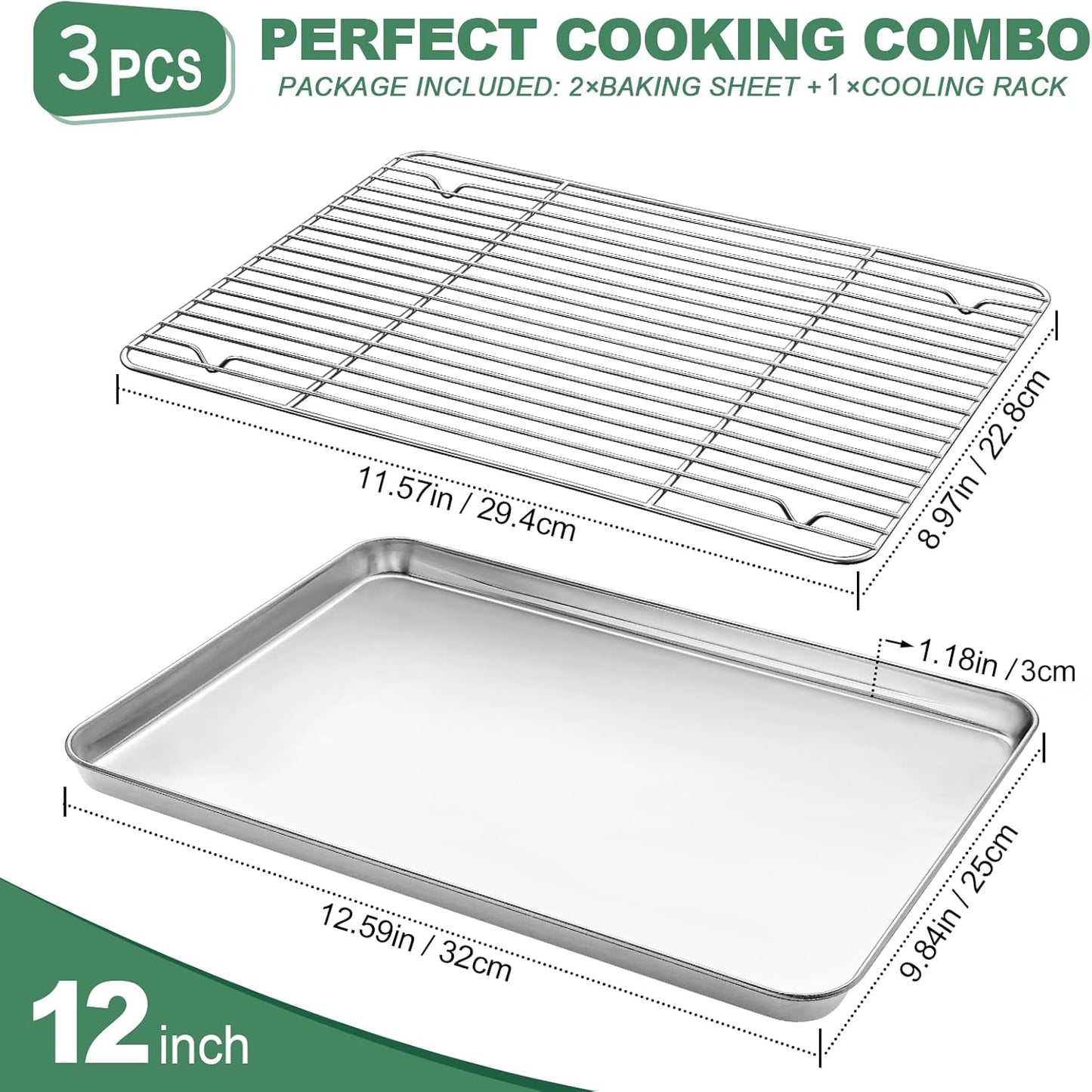 Baking Sheets 2 Pieces with A Rack, HKJ Chef Cookie Sheets and Nonstick Cooling Rack & Stainless Steel Baking Pans & Toaster Oven Tray Pan, Rectangle Size 12.5 x 10 x 1 inch & Non Toxic