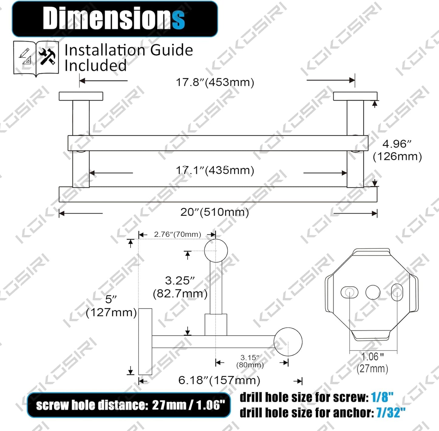 KOKOSIRI Hand Towel Holder Brushed Nickel Bathroom Rack 20-Inch Double Bath Towel Bars Rails for Garage Kitchen Stainless Steel B5009BR-L20