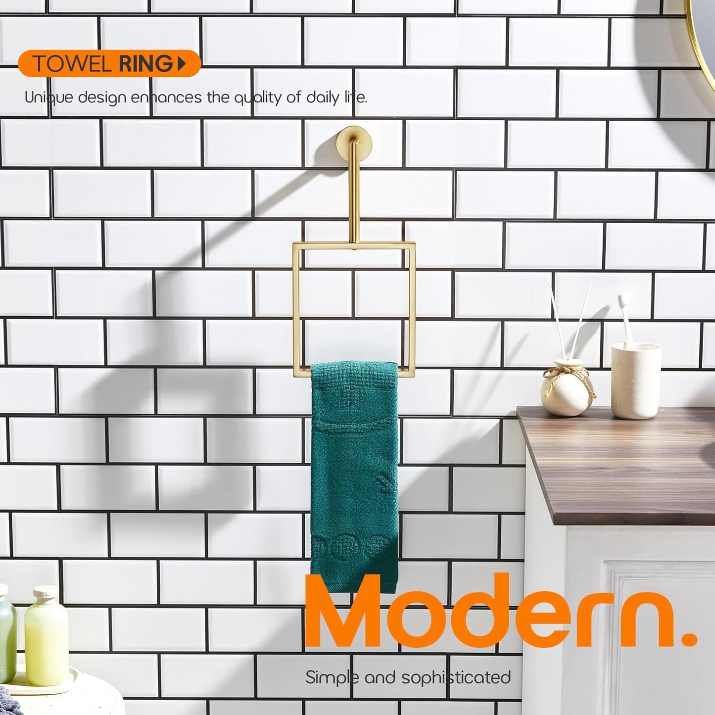 Towel Rings for Bathroom Wall Mounted Vertical Towel Rack Brushed Gold Stainless Steel Contemporary Hand Towels Holder Hanger, AN3005GD