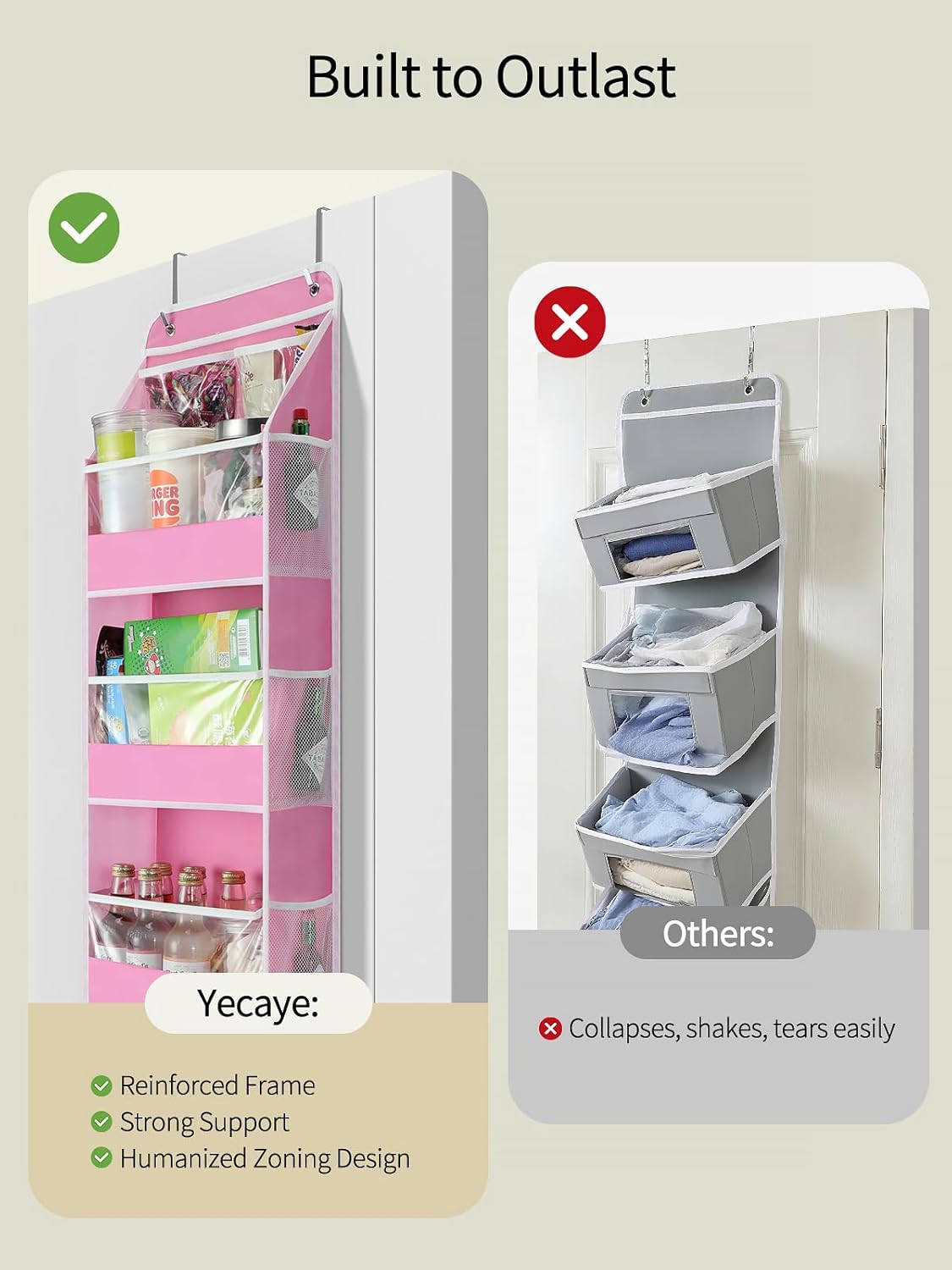 Yecaye 5 Tier 2Pc Over the Door Organizer, Swing-proof Door Organizer Hanging with Clear PVC Windows, Behind the Door Storage for Bedroom Nursery Closet Laundry Pantry Bathroom, Bubblegum Pink