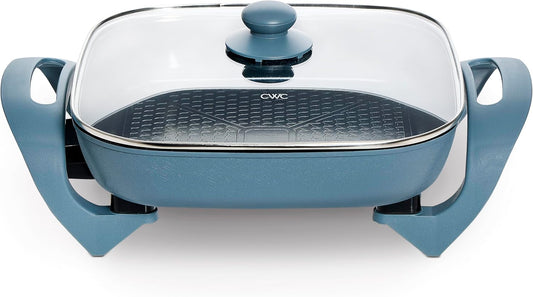 COOK WITH COLOR Electric Skillet - 12" x 12" Ceramic Nonstick Pan, PFAS-Free, 1400W, Tempered Glass Lid, Variable Temperature, Removable Heating Probe, Cool-Touch Handles, Slate Blue