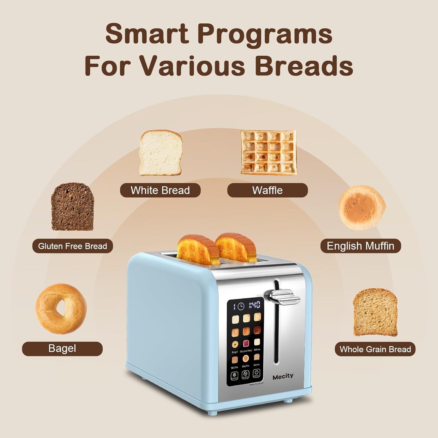 Mecity 2 Slice Touch Screen Toaster, 1.5" Wide Slot, Stainless Steel Smart Toaster for Bagels, Muffins, Waffles, Gluten-Free Breads, Defrost, Reheat, Timer, 120V 825W, Ice Blue