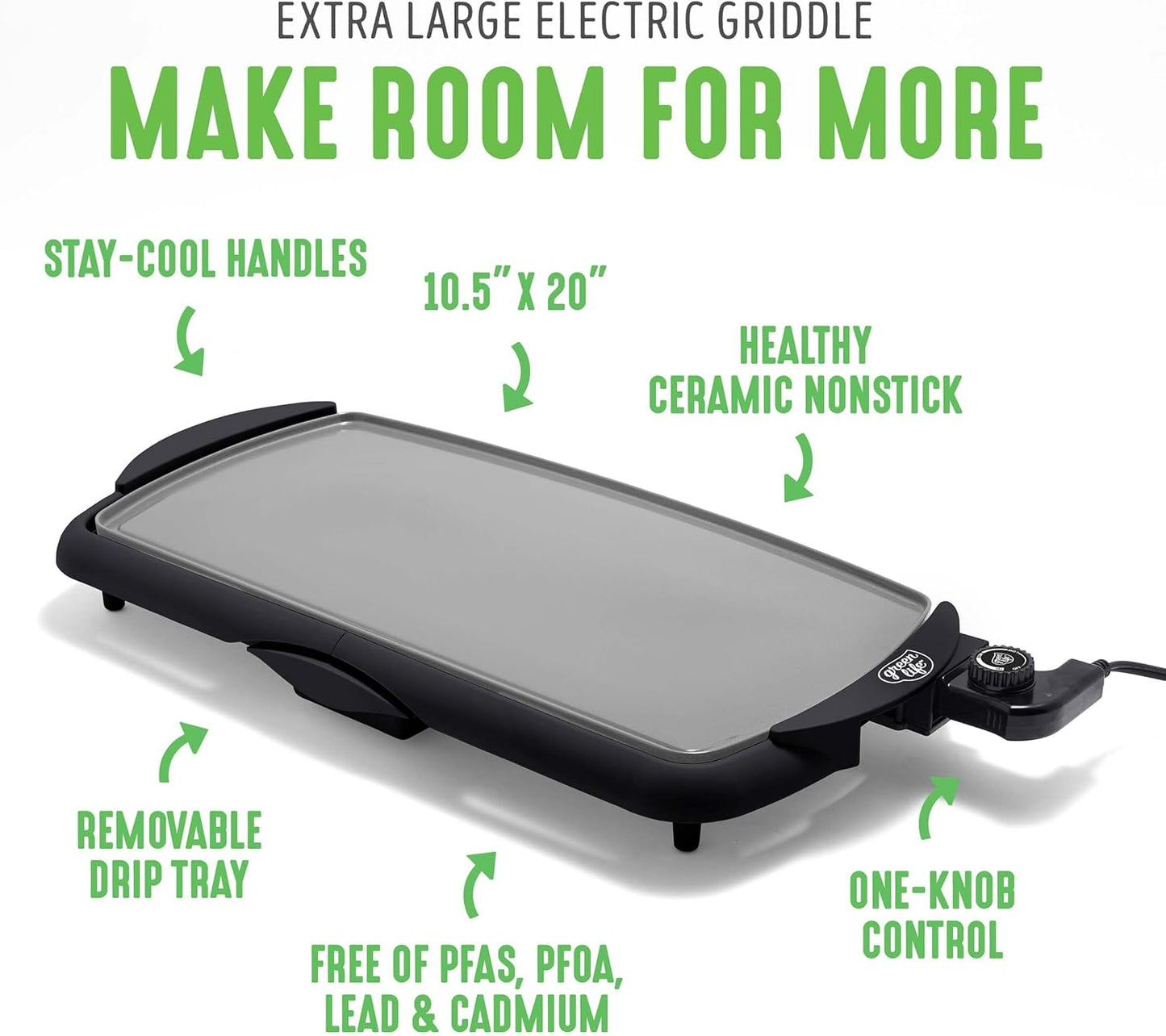 GreenLife 20” Extra Large Electric Griddle, Non-Toxic PFAS & PFOA-Free Ceramic Nonstick, Temperature Control, Quick Even Heating, Removable Drip Tray, Pancakes, Eggs, Sausage, Easy Clean, Black
