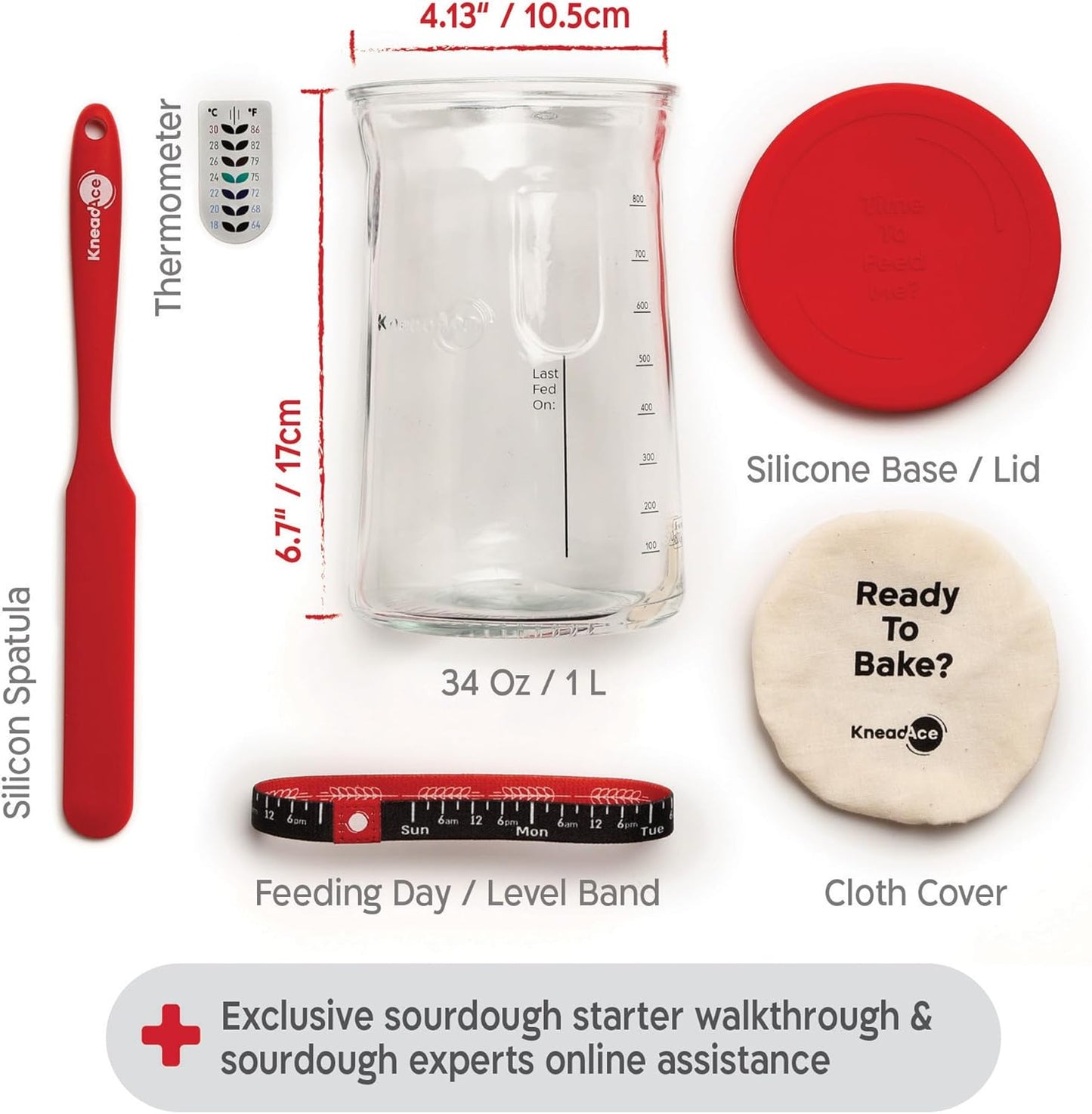 KneadAce Sourdough Starter Kit (PRO 34oz Jar, 2xOval baskets, Red Bread Lame)