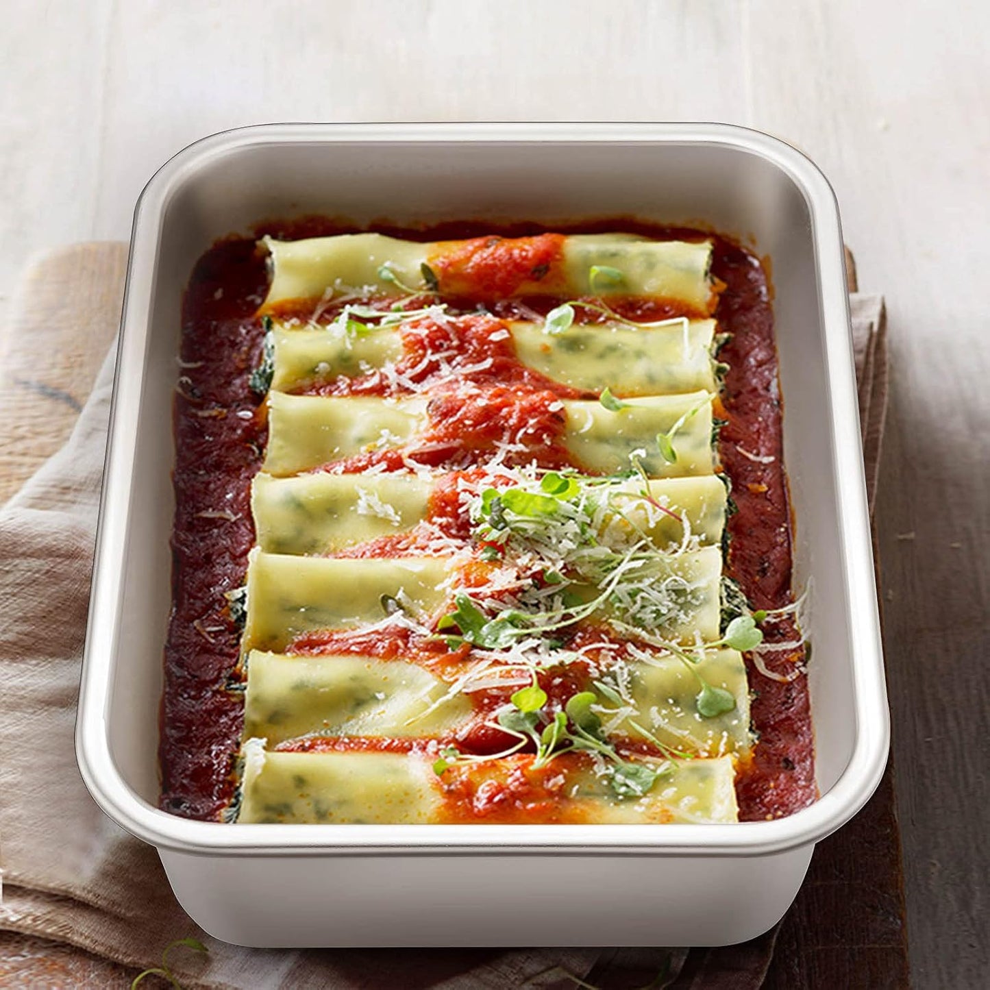 Deep Lasagna Pan Set of 2, E-far Stainless Steel Rectangular Roasting Baking Pans, 12.75 x 10 & 10.6x8.3 Inches Roaster Baking Dish, Non-Toxic & Heavy Duty, Dishwasher Safe