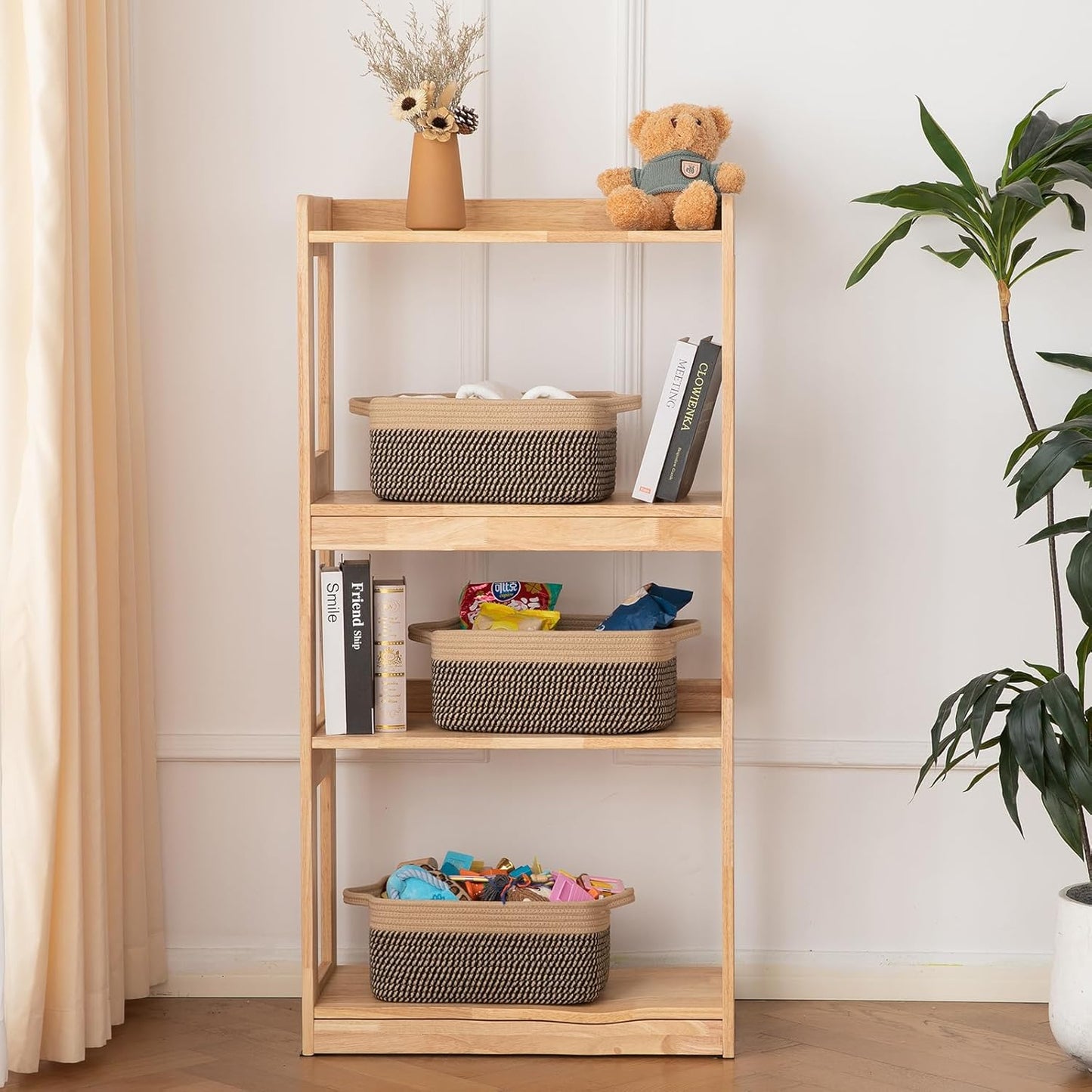 OIAHOMY 3 Pack Storage Baskets for Organizing, Woven Cotton Rope Basket for Shelves, Closet Organizer Bins with Handles, Rectangle Toy Organization, 13.78''×9.84''×5.5'', Brown & Black