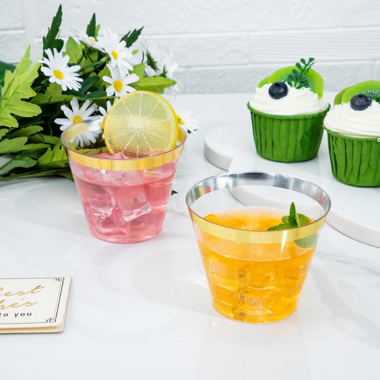 I00000 60PCS Gold Plastic Cups, 9 oz Clear Disposable Cups with Golden Trim, Heavy-Duty Disposable Hard Plastic Wine Glasses Cocktail Glasses Perfect for Party & Wedding