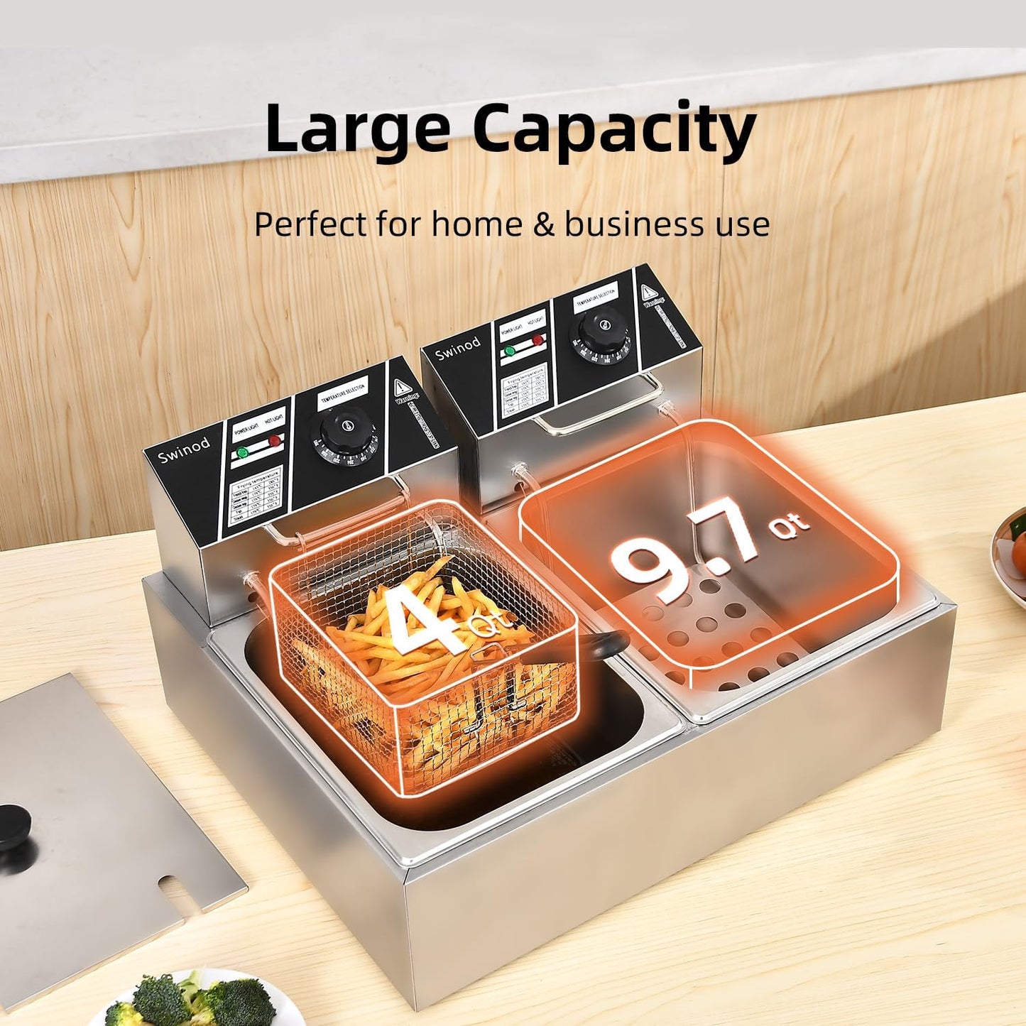 Commercial Deep Fryer with Baskets, 3400W 12.7QT/12L Thickened Stainless Steel Countertop Electric Oil Fryer, Large Capacity with Temperature Control, silver