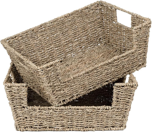 StorageWorks Wicker Storage Basket for Pantry Organizers and Storage, Stackable Seagrass Pantry Baskets for Shelves, 2-Pack