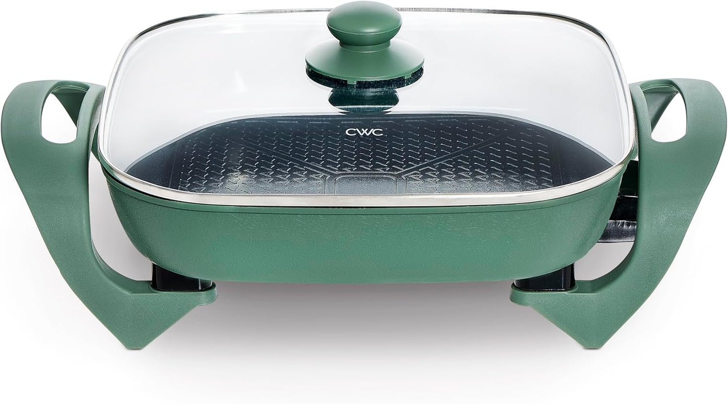 COOK WITH COLOR Electric Skillet - 12" x 12" Ceramic Nonstick Pan, PFAS-Free, 1400W, Tempered Glass Lid, Variable Temperature, Removable Heating Probe, Cool-Touch Handles, Dark Sage