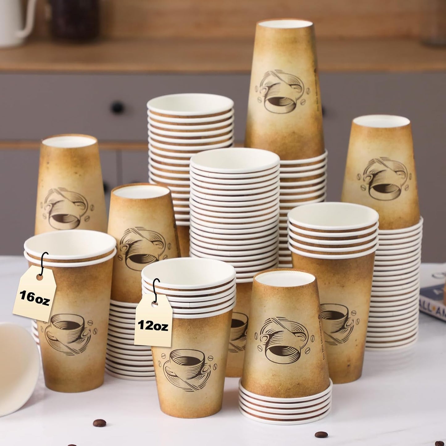 180 Pack 16 oz Disposable Paper Coffee Cups, Hot/Cold Drinking Cups, coffee, Juice, Retro Design, Leak-Proof, Party, Picnic, Events, Travel, Offices, Shops