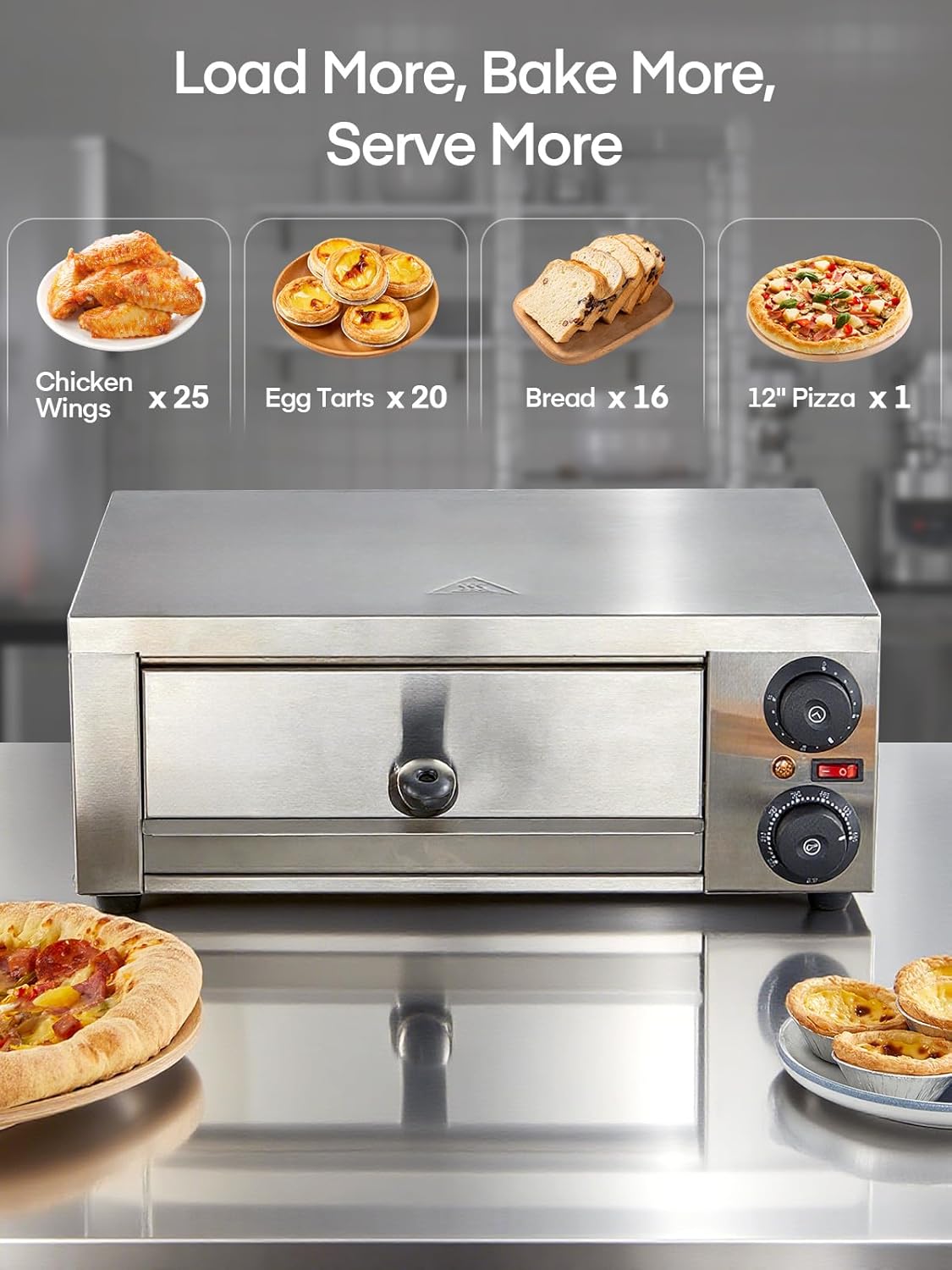 Commercial Pizza Oven, 12 Inch Countertop Pizza Ovens with 662°F Max Temp, Electric Pizza Cooker with Alert Timer, 1500W Stainless Steel Pizza-Maker Machine, for Restaurant, Home, Party, Silver