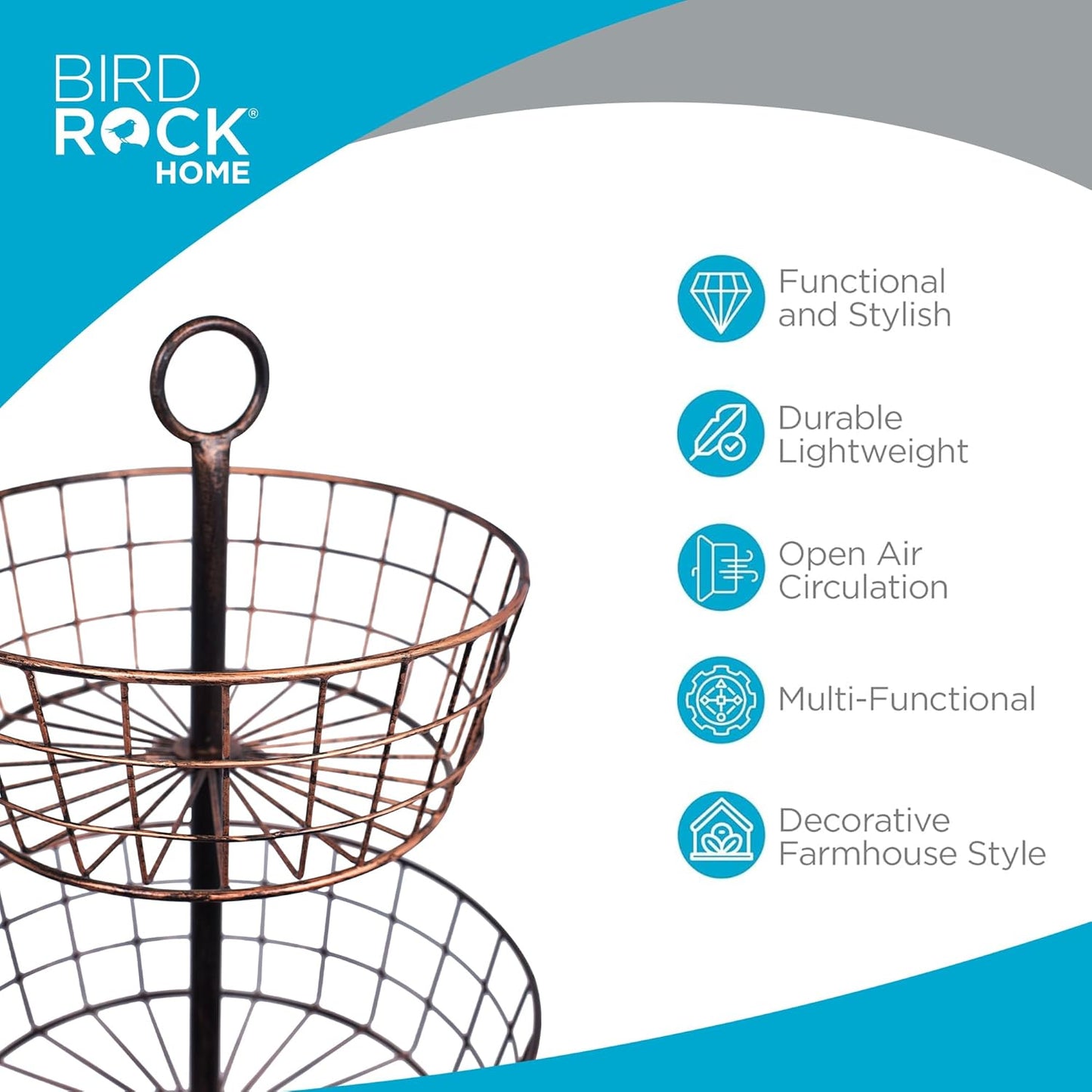 BirdRock Home 3 Tier Wire Fruit Basket | Round Metal Standing Baskets | Fruit Vegetable Garlic Caddy | Freestanding Rustic Decorative Basket