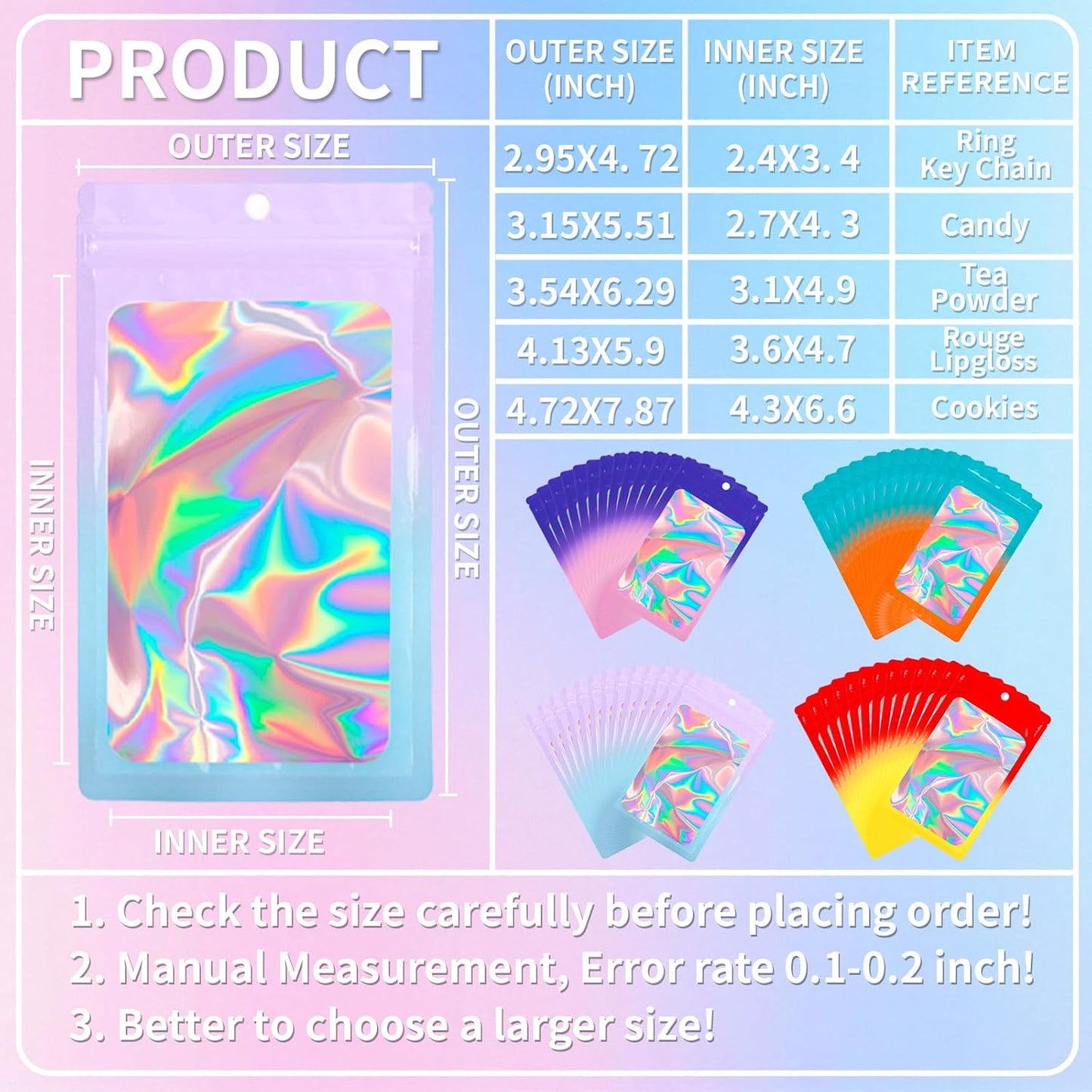 200 Pack Resealable Mylar Holographic Bags Food Storage Smell Proof Bags with Front Window Foil Packaging Pouch for Candy Sample Jewelry Small Business 2.95×4.72 Inch, Pink Fade Blue