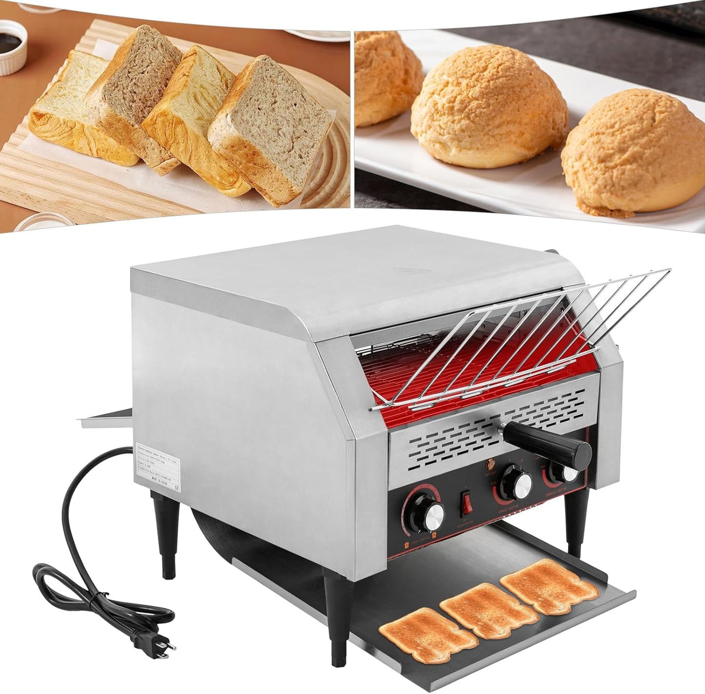 Commercial Conveyor Toaster 450 Slices/Hour Stainless Steel Conveyor Restaurant Toaster 2400W Countertop Electric Industrial Toasters w/Double Heating Tubes for Bun Bagel Bread Baked Food
