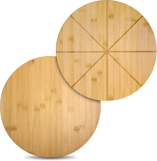 12" Round Cutting Board Pizza Cutting Board with Cutting Grooves Double Sided 12inch Bamboo Wooden Pizza Tray Serving Platter Pizza Oven Accessories Pizza Prep Board Paddle Circular Circle