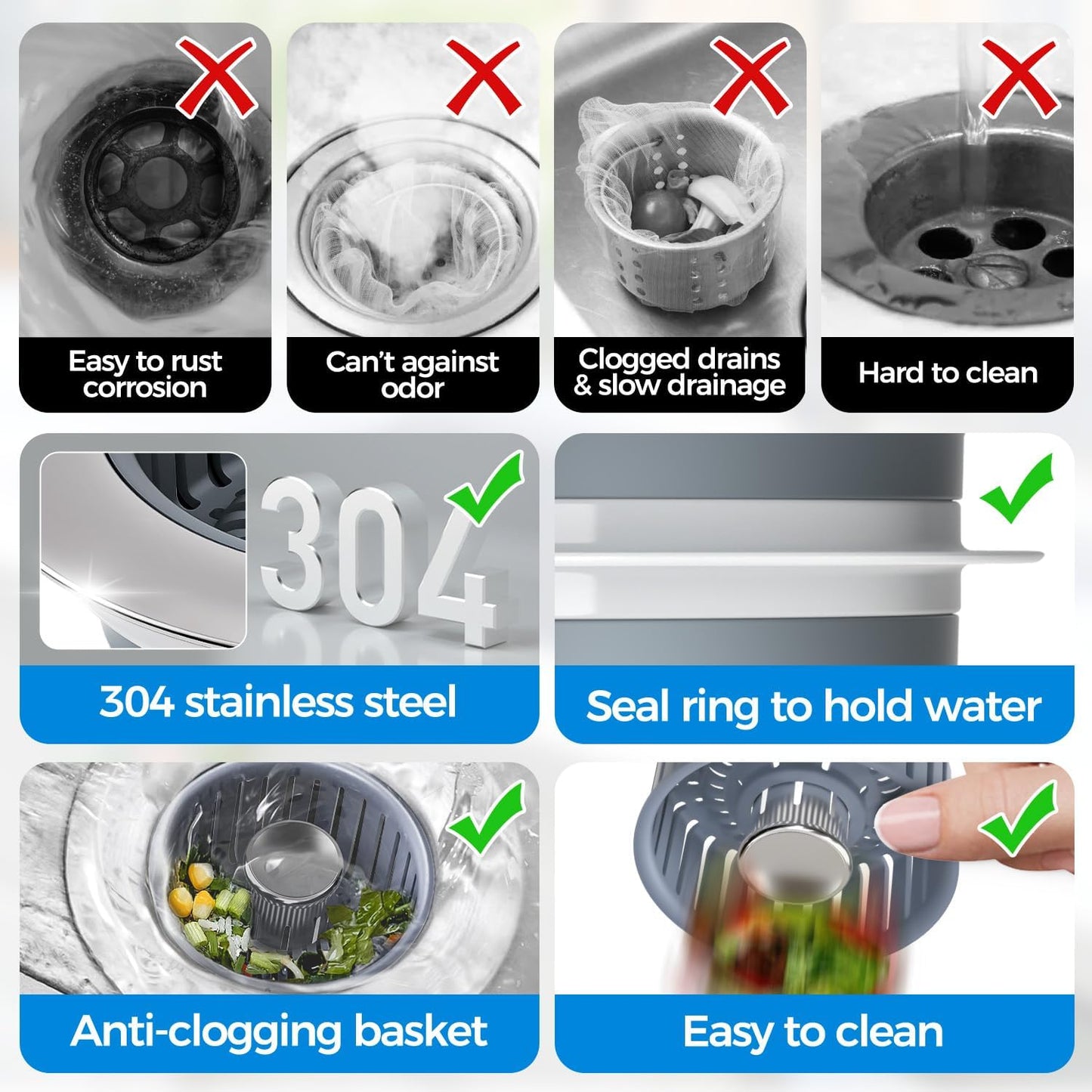 zaa 2 Pack 3 in1 Kitchen Sink Drain Strainer & Sink Stopper, Pop Up Stainless Steel Kitchen Drain Plug & Cover with Anti-Clogging Basket Strainer, Fit US Standard 3-1/2'' Drain Hole