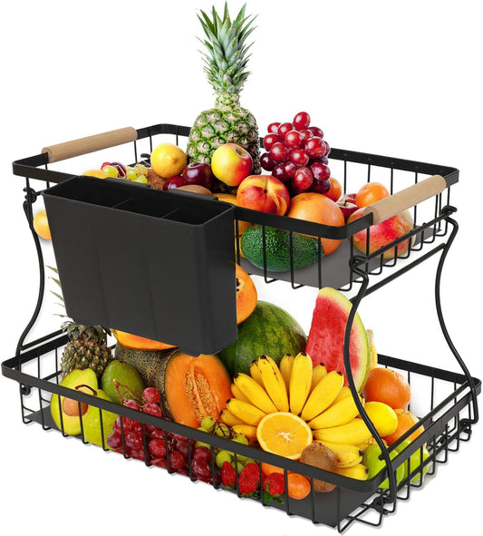 2 Tier Countertop Fruit Basket with 2 Protective Mats for Kitchen, Detachable Metal Organizer for Bread Vegetable Fruits with Wooden Handle, Large Capacity Rectangular Storage Stand Bowls, Black