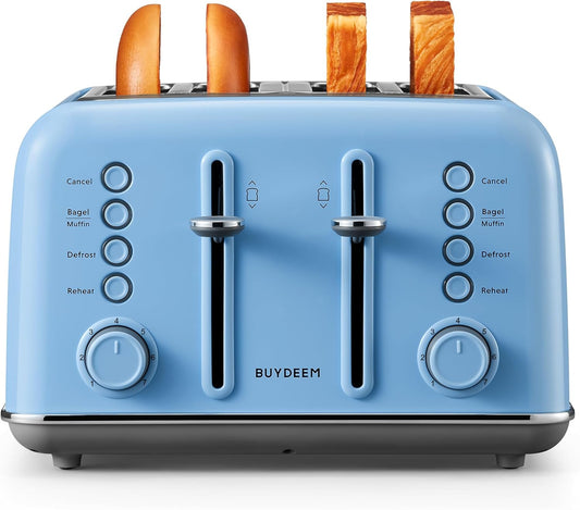 BUYDEEM DT640 4-Slice Toaster, Extra Wide Slots, Retro Stainless Steel with High Lift Lever, Bagel and Muffin Function, Removal Crumb Tray, 7-Shade Settings,Blue