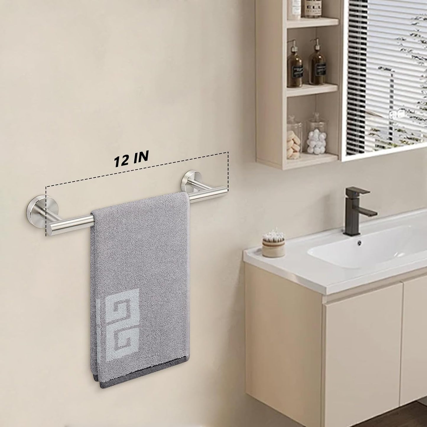 NearMoon Bathroom Towel Bar, Bath Accessories Thicken Stainless Steel Shower Towel Rack for Bathroom, Towel Holder Wall Mounted (1 Pack, Brushed Nickel, 12 Inch)