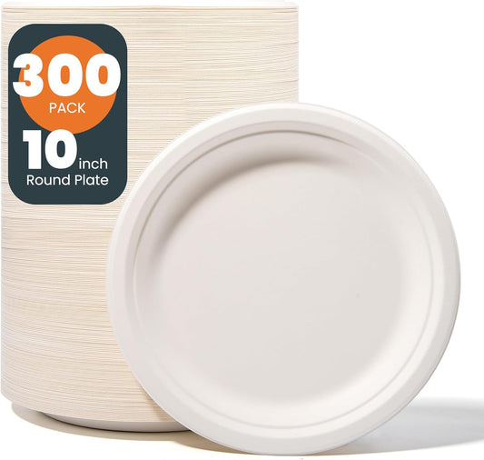 100% Compostable Paper Plates - 10 Inch, Bulk 300 Count - Disposable, Heavy Duty, Biodegradable Plates Made of Bagasse - Eco-Friendly, Large Size (White)