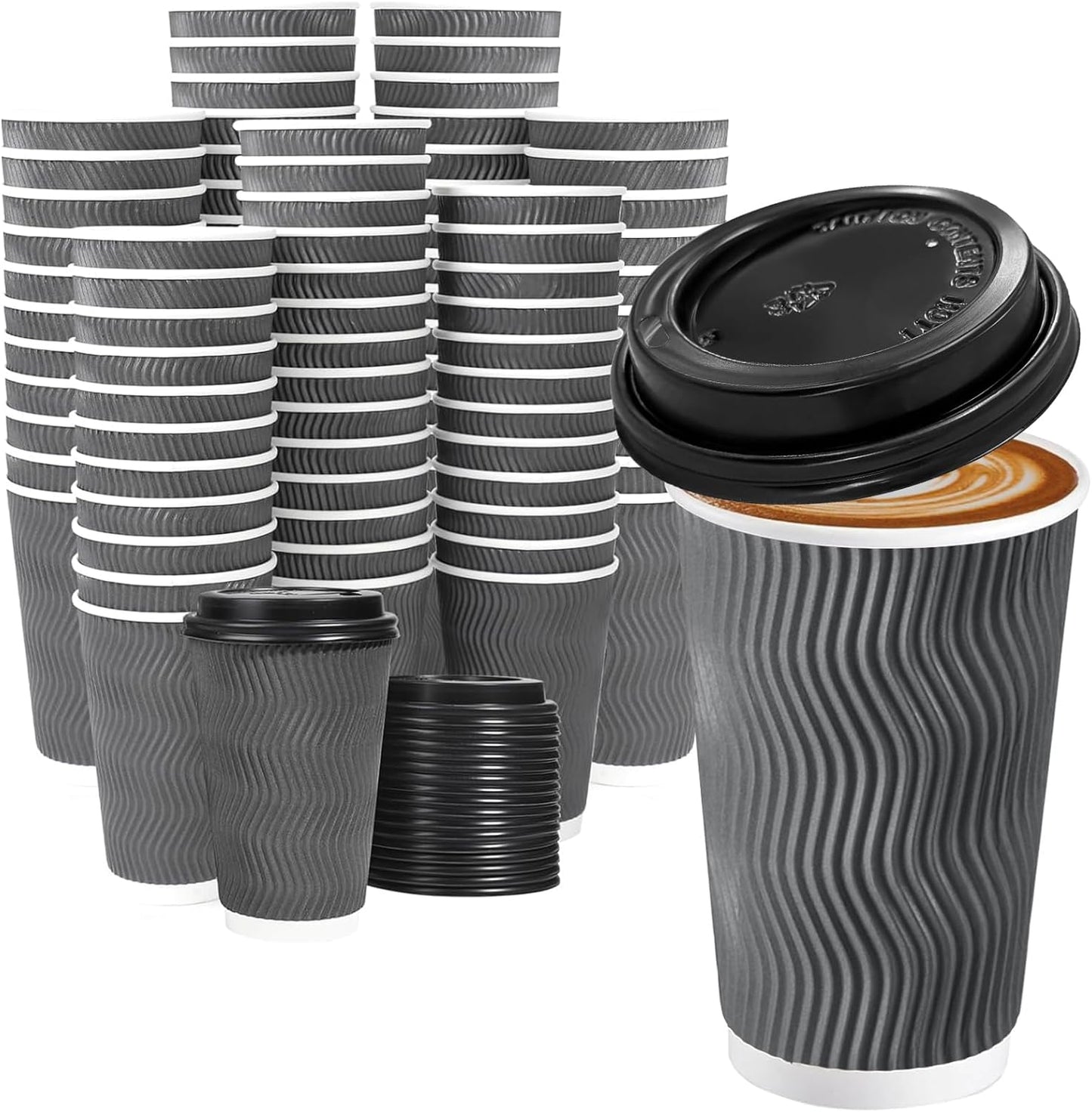 Lamosi 500 Pack - 16 oz Insulated Disposable Coffee Cups with Lids, To Go Paper Coffee Cups with Lids, Corrugated Ripple Wall Cup for Hot Drink Office Coffee Bar (Grey)