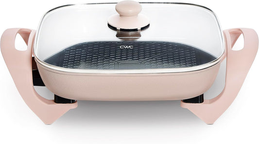 COOK WITH COLOR Electric Skillet - 12" x 12" Ceramic Nonstick Pan, PFAS-Free, 1400W, Tempered Glass Lid, Variable Temperature, Removable Heating Probe, Cool-Touch Handles, Blush