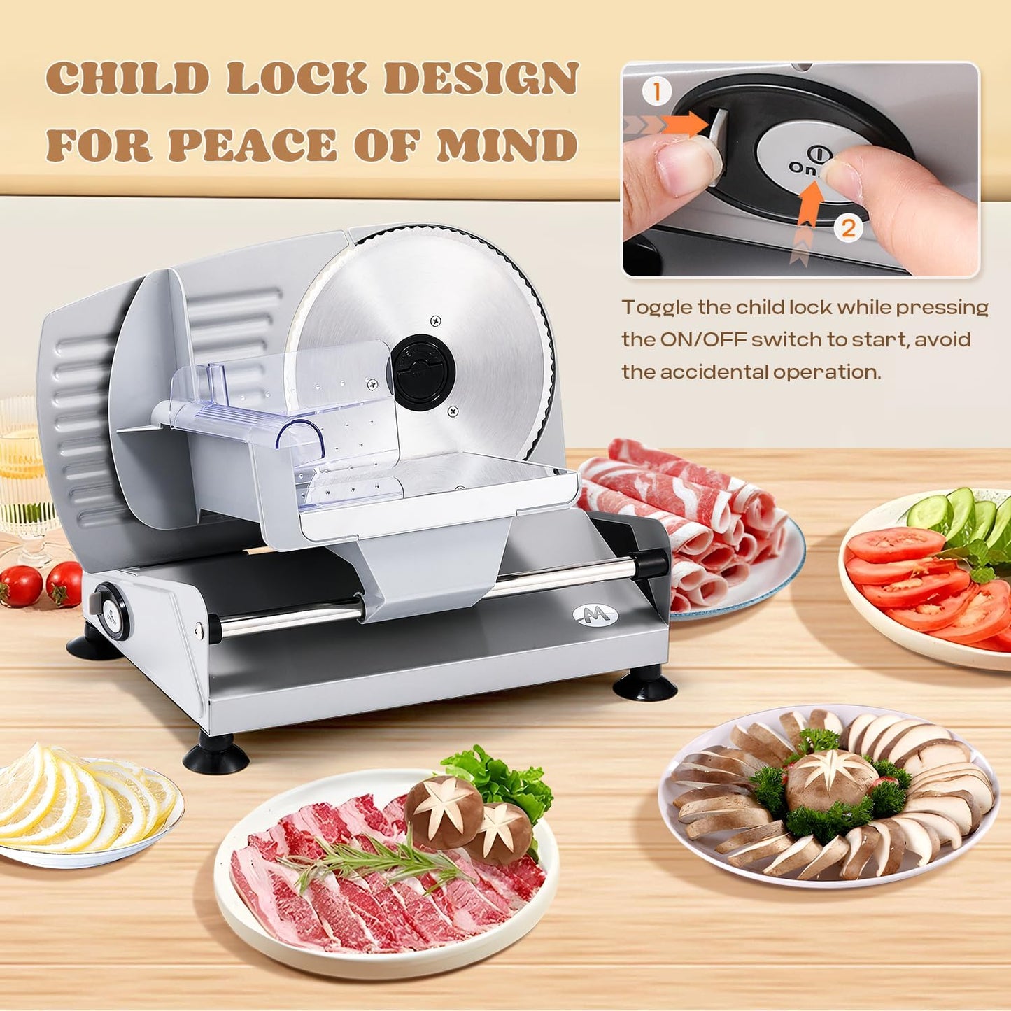 Moongiantgo Meat Slicer 200W With 2 Removable 7.5’’ Stainless Steel Blades, Deli Food Slicer 0-15MM Thickness Adjustable, Child Lock Protection, Meat Fruit Cheese Bread Slicer Machine, 110V