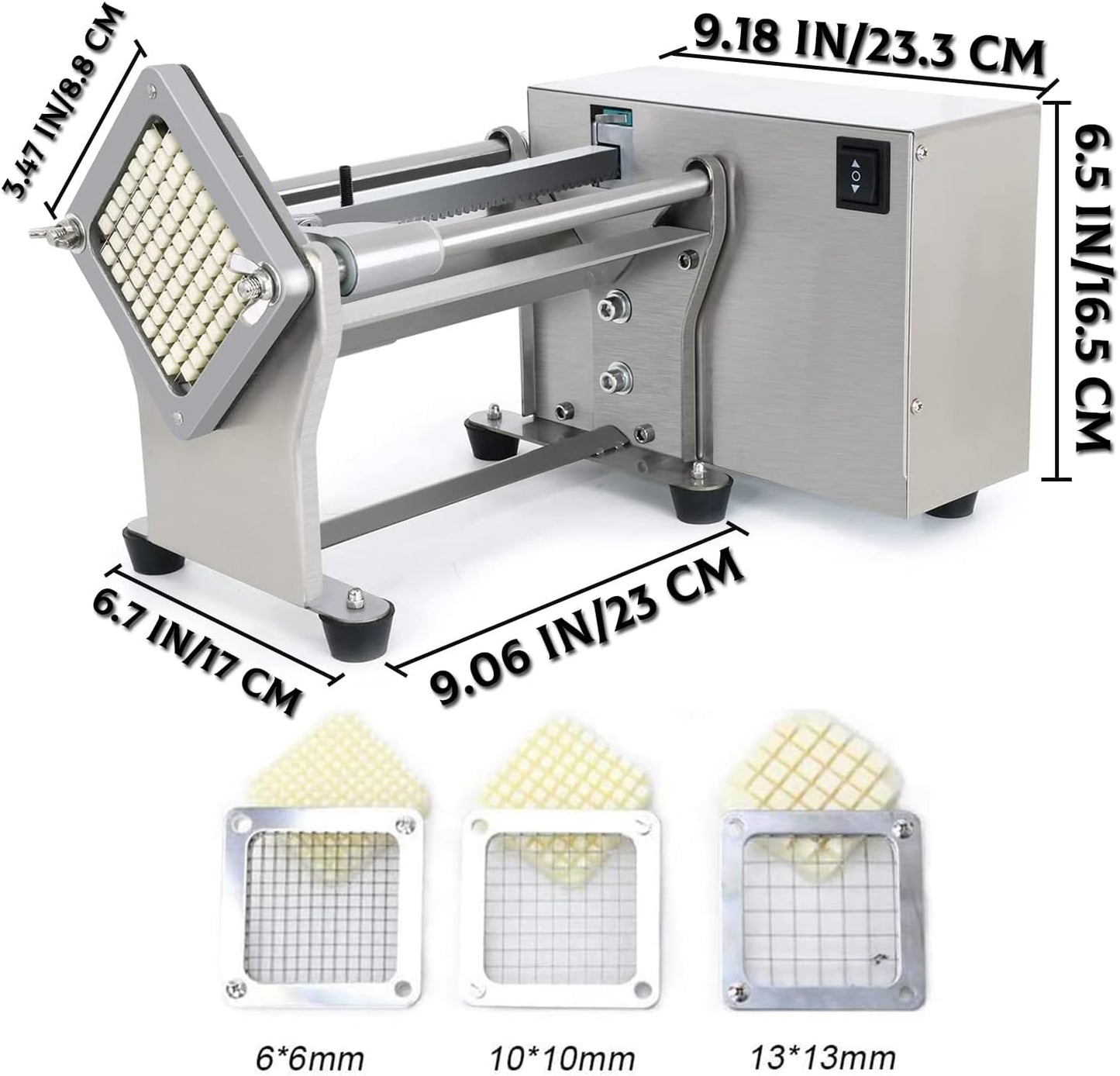 French Fry Potato Cutter Machine Electric Cutting Slicer Chipper Automatic Potato Cutter with 3 Sizes of Replaceable Blades Stainless Steel for Commercial Industrial Kitchen Restaurant Use