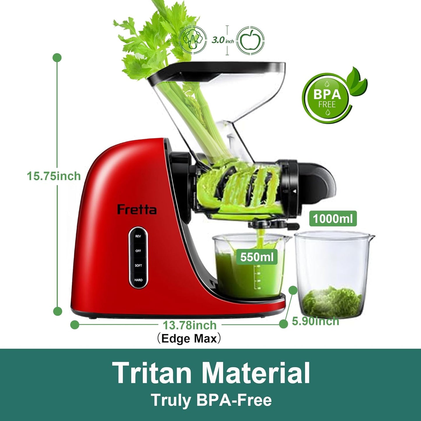 Cold Press Juicer Machines, Fretta Slow Masticating Juicer, BPA-Free Juicers, Extractor de Jugos y Vegetales, 3-inch Large Feed Chute Juice Maker, Juice Extractor with Quite DC Motor, 200W(Red)