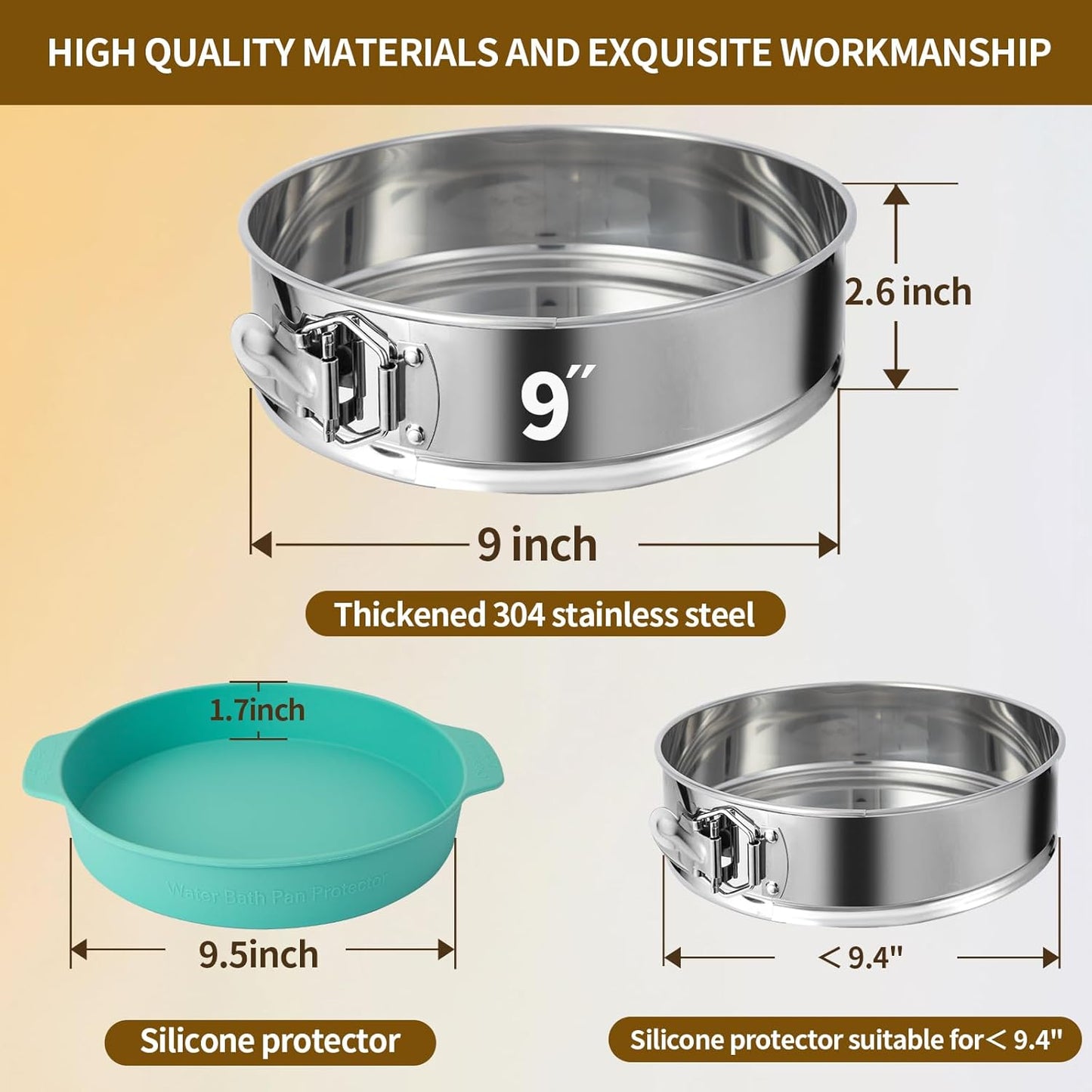 9 Inch Springform Pan - 304 Stainless Steel Nonstick Springform Cake Pan with Removable Bottom, 10 Inch Silicone Leakproof Cheesecake Pan Protector with Parchment Paper