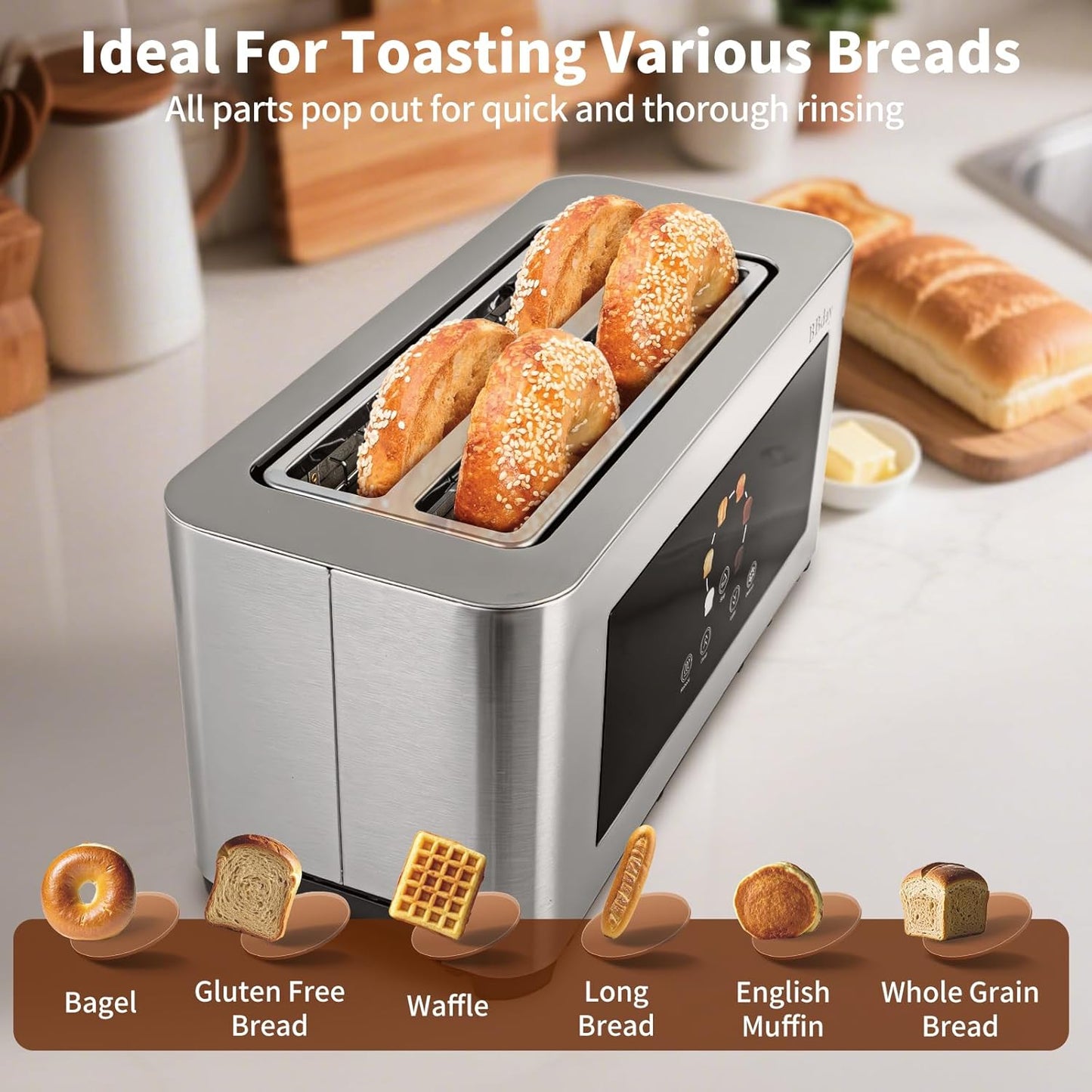 Toaster 4 slice with Touch Screen LCD Display, Extra Long Wide Slots Toaste, Smart Toaster with 6 Browning Levels, Defrost, Reheat & Removable Tray, Stainless Steel
