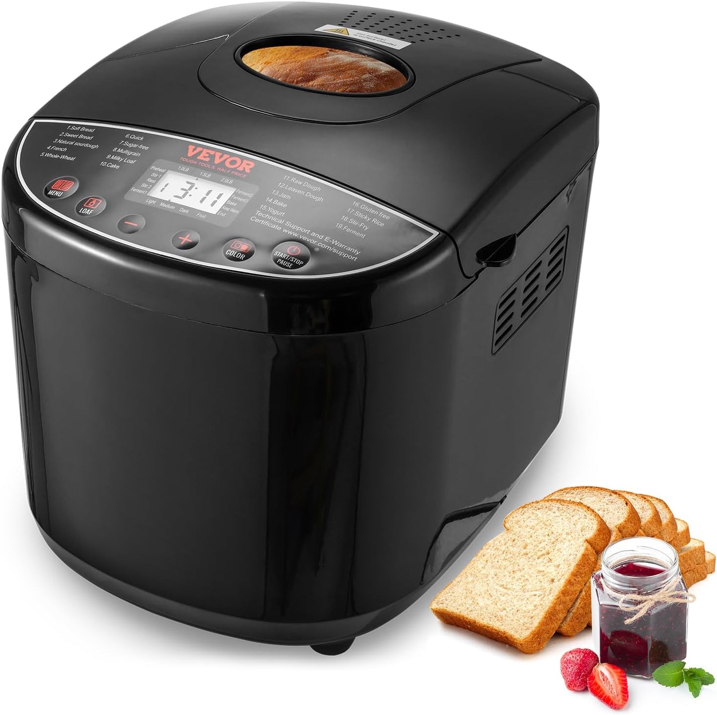 VEVOR Bread Maker, 19-in-1 2LB Dough Machine, Nonstick Ceramic Pan Automatic Breadmaker with Gluten Free Setting, Whole Wheat Bread Making, Digital, Programmable, 3 Loaf Sizes, 3 Crust Colors