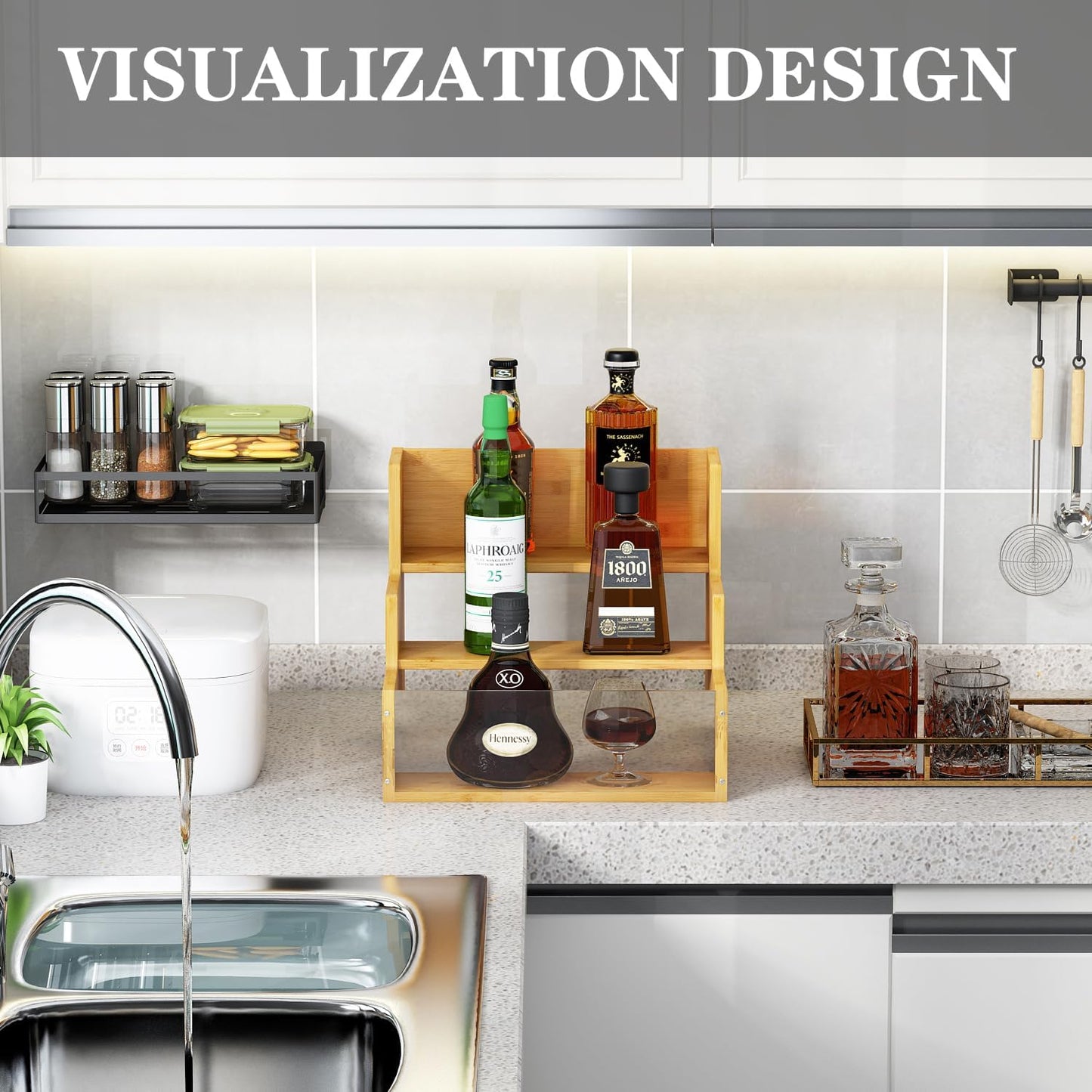 Liquor Bottle Display Shelf Bar Shelves - Bamboo 12 Bottle Syrup Rack for Coffee Bar, Wine Bottle, Spices, Liquor and Whiskey Bottle Display