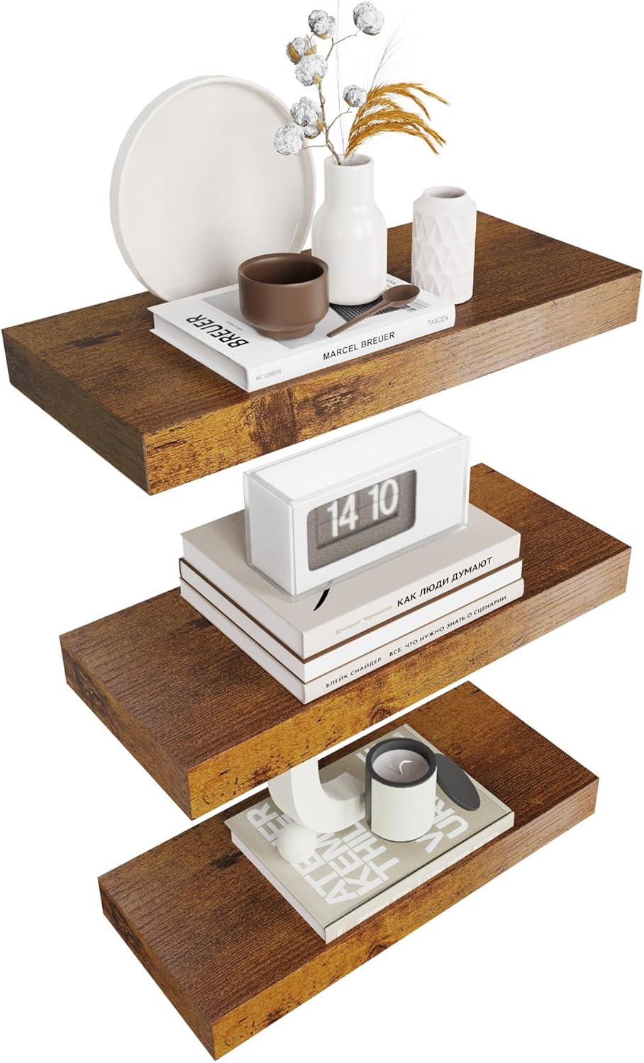 Colima Floating Shelves for Bedroom, Bathroom, Living Room, Kitchen, Office - 15 Inch Wall Mounted, Set of 3 - 1.3" Thick Brown Wood Floating Book Shelves