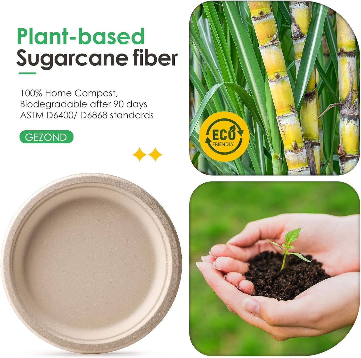 Gezond 150pcs Compostable Paper Plates 9 Inch Disposable Plates Unbleached Heavy Duty Eco-friendly Sugarcane Fiber Biodegradable Plate for Party Picnic