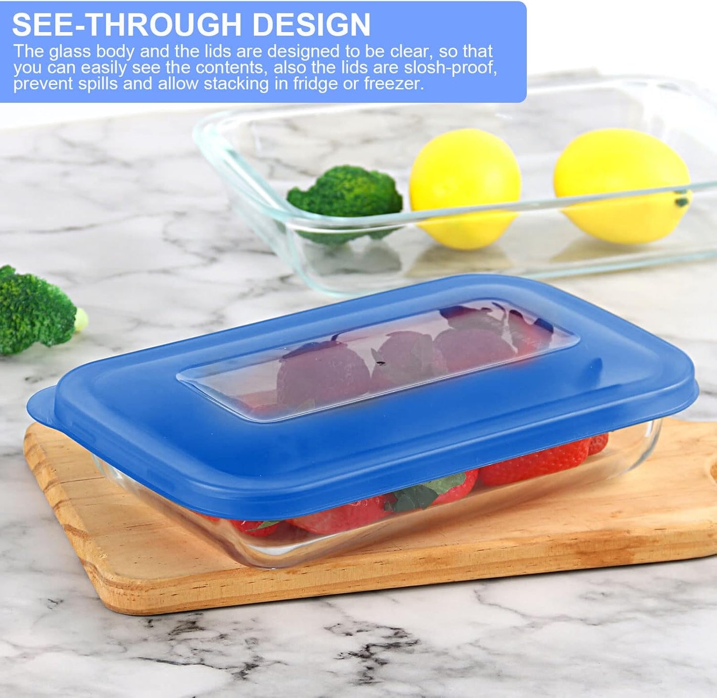 KOMUEE 8 Pieces Glass Baking Dish with Lids Rectangular Glass Baking Pan Bakeware Set with BPA Free Lids, Baking Pans for Lasagna, Leftovers, Cooking, Kitchen, Fridge-to-Oven,Blue