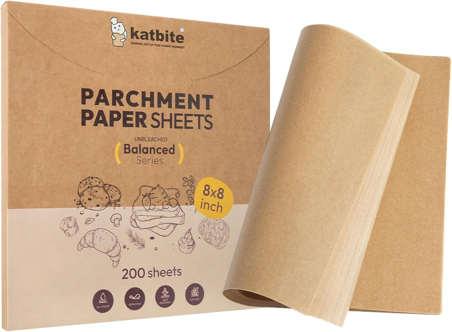 Katbite 200 Pcs Parchment Paper, 8 x 8 Inch Unbleached Baking Paper, Oil Resistant & Easy Clean, Non-Stick Precut Parchment Paper Sheets for Baking Square, Cooking, Air Fryer [Balance Series]