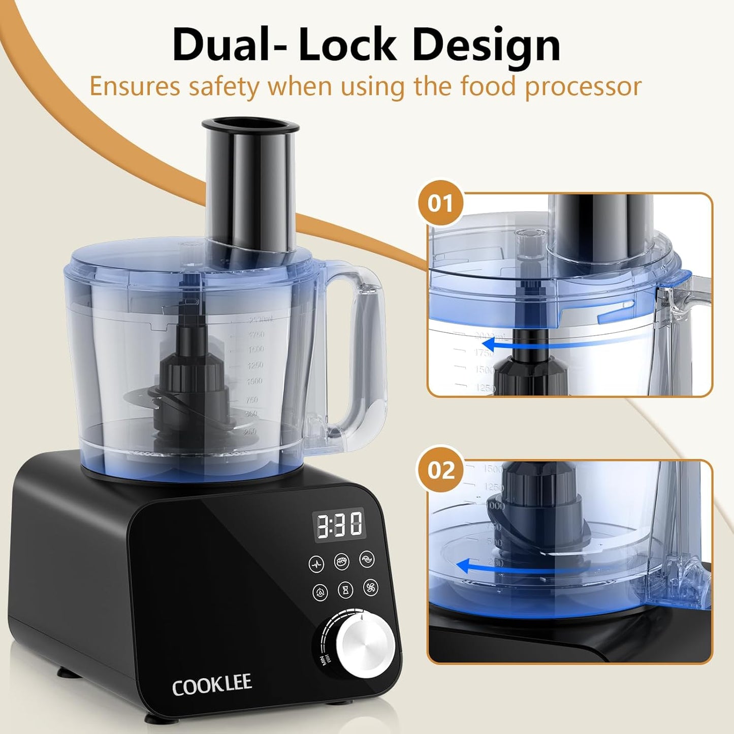 COOKLEE Food Processor, 600 Watts, 6 Functions Electric Food Chopper for Chopping, Mincing, Dicing, Shredding, Slicing, Purees & Dough with 12cup Processor Bowl, Food Chute & Pusher, Black