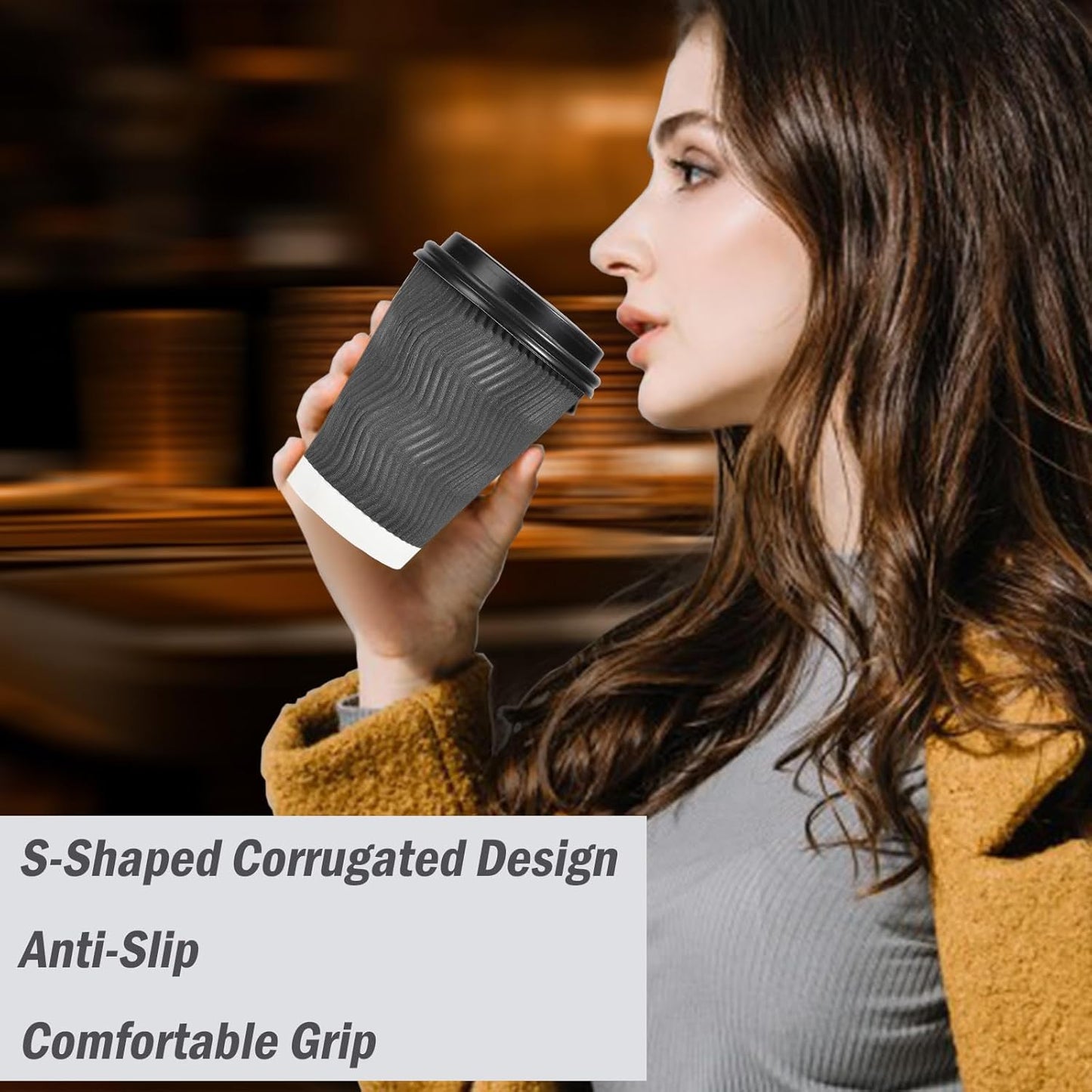 Lamosi 500 Pack - 12 oz Insulated Disposable Coffee Cups with Lids, To Go Paper Coffee Cups with Lids, Corrugated Ripple Wall Cup for Hot Drink Office Coffee Bar (Grey)