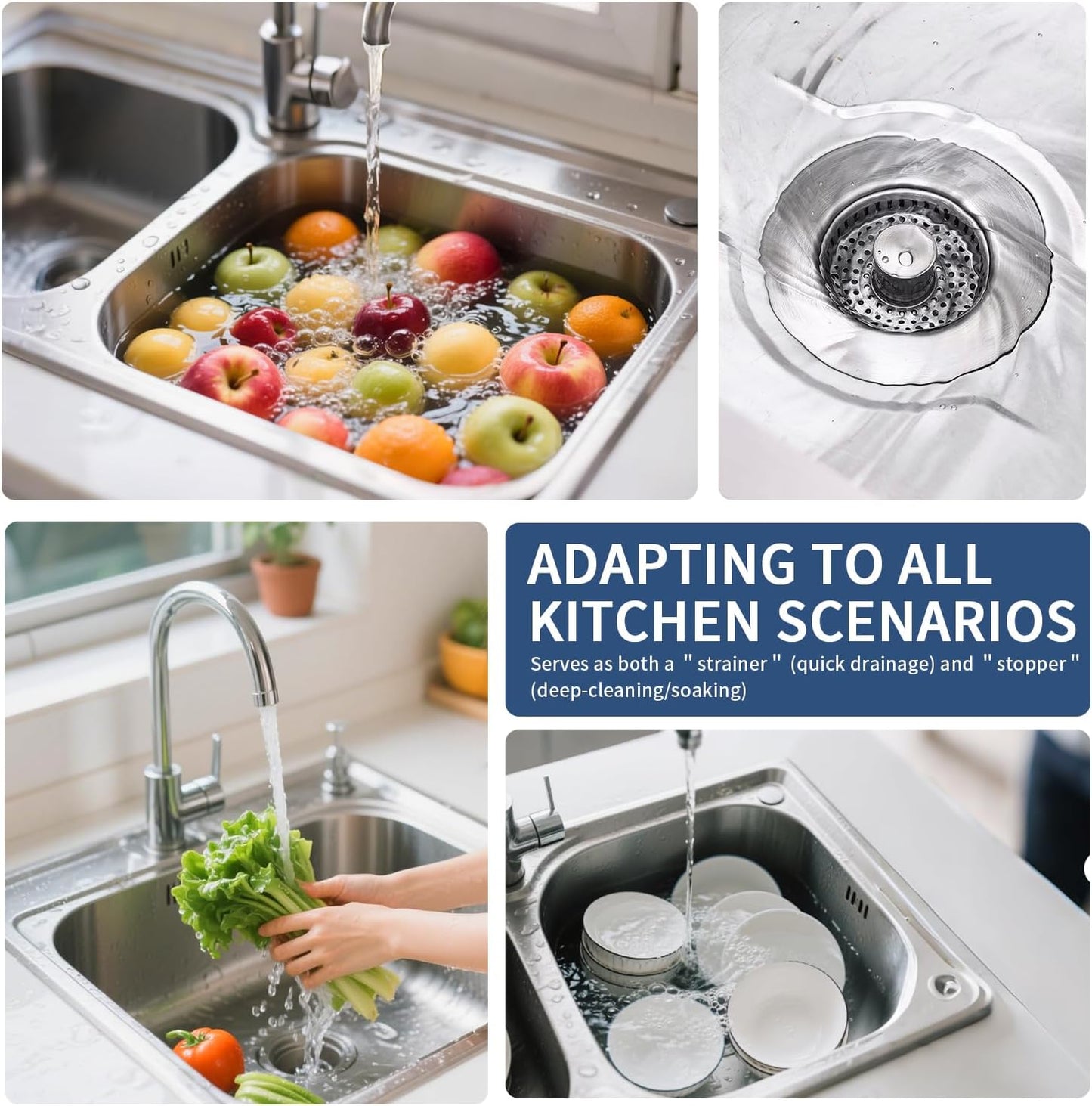 3-in-1 Kitchen Sink Drain Strainer - Pop Up Sink Stopper, Stainless Steel Sink Drain Strainer, Kitchen Sink Stopper & Drain Plug with Anti-Clogging Basket,Sink Strainer Fits US Standard 3-1/2'' Drains